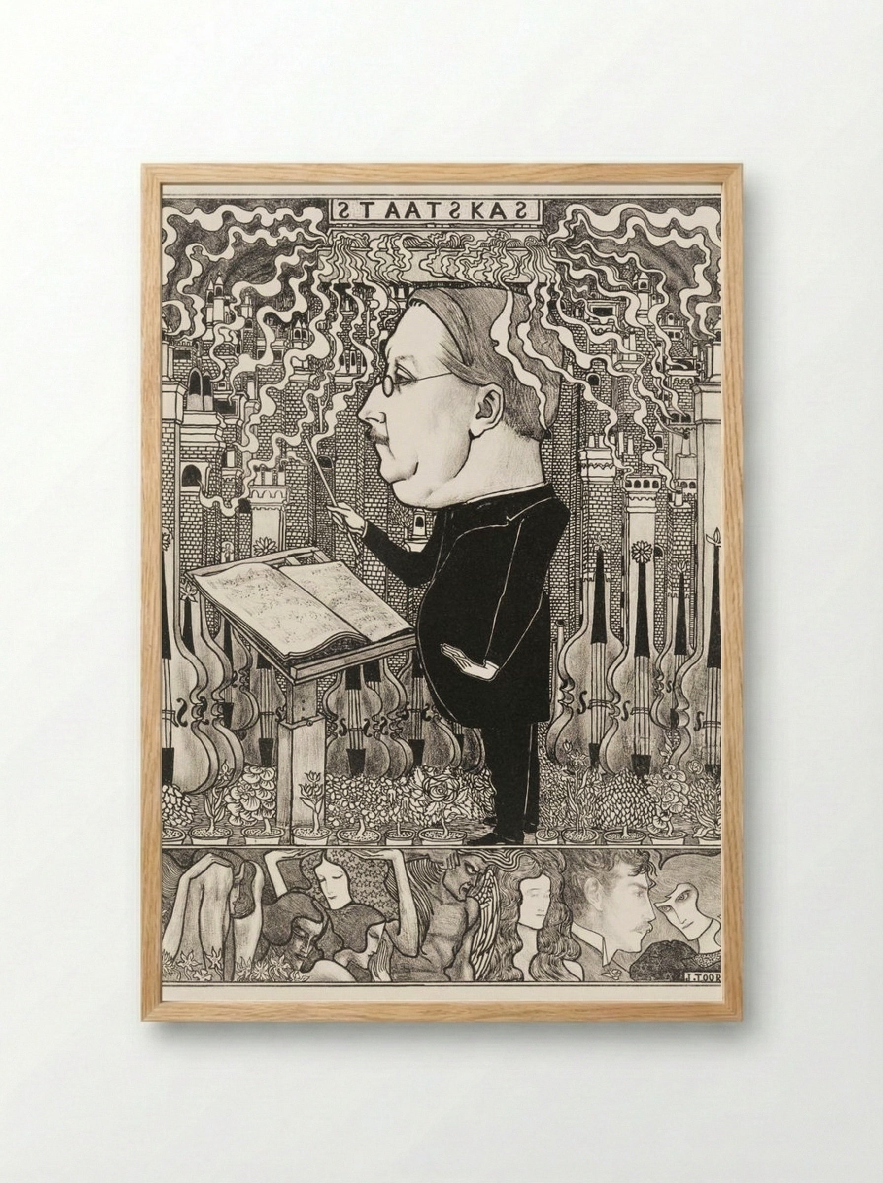 Conductor with Violins and Smoking Chimneys Behind - Jan Toorop - Framed Print Wood