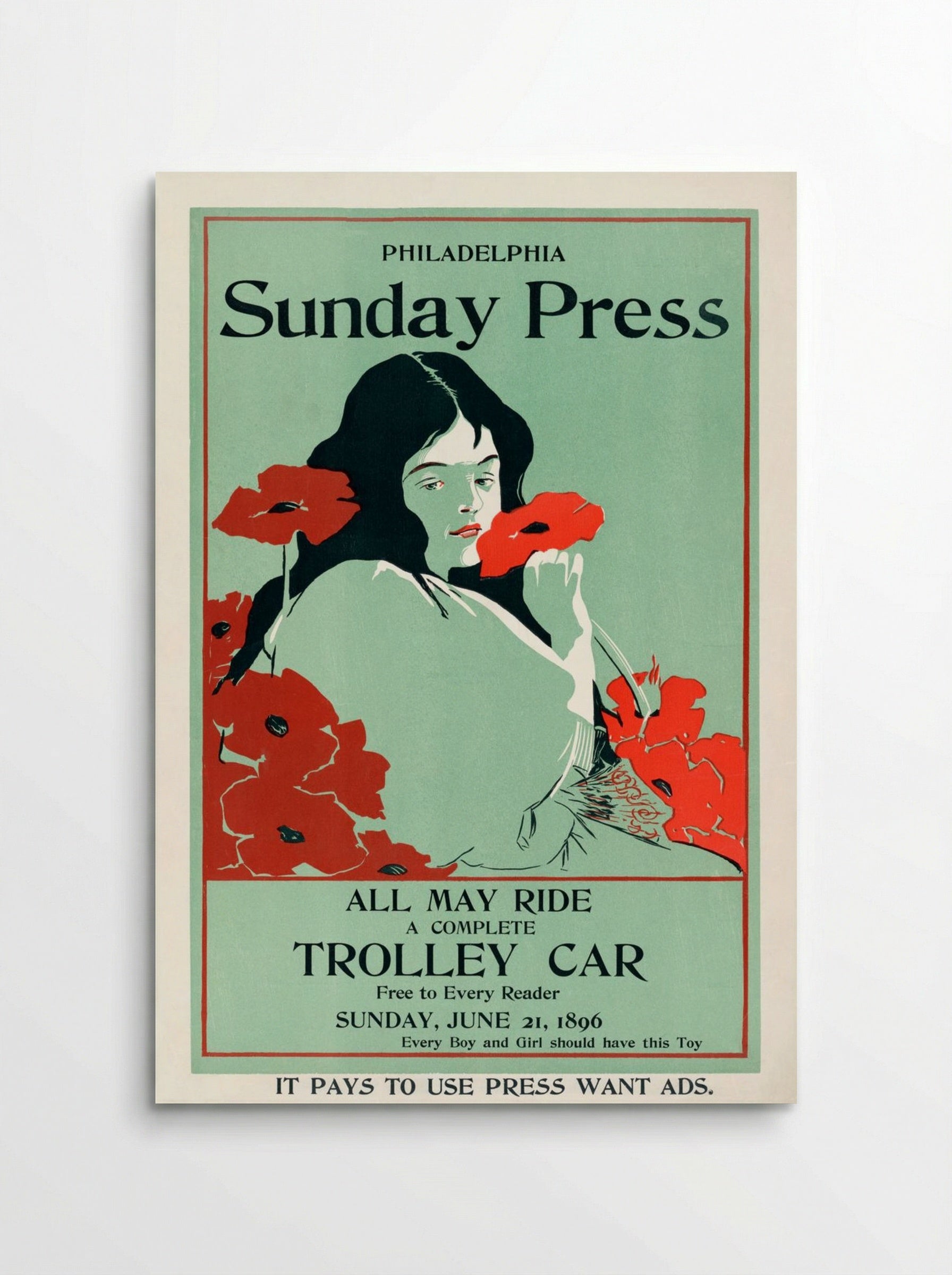 All May Ride: Philadelphia Sunday Press Trolley Car Advertisement - George Reiter Brill - Poster