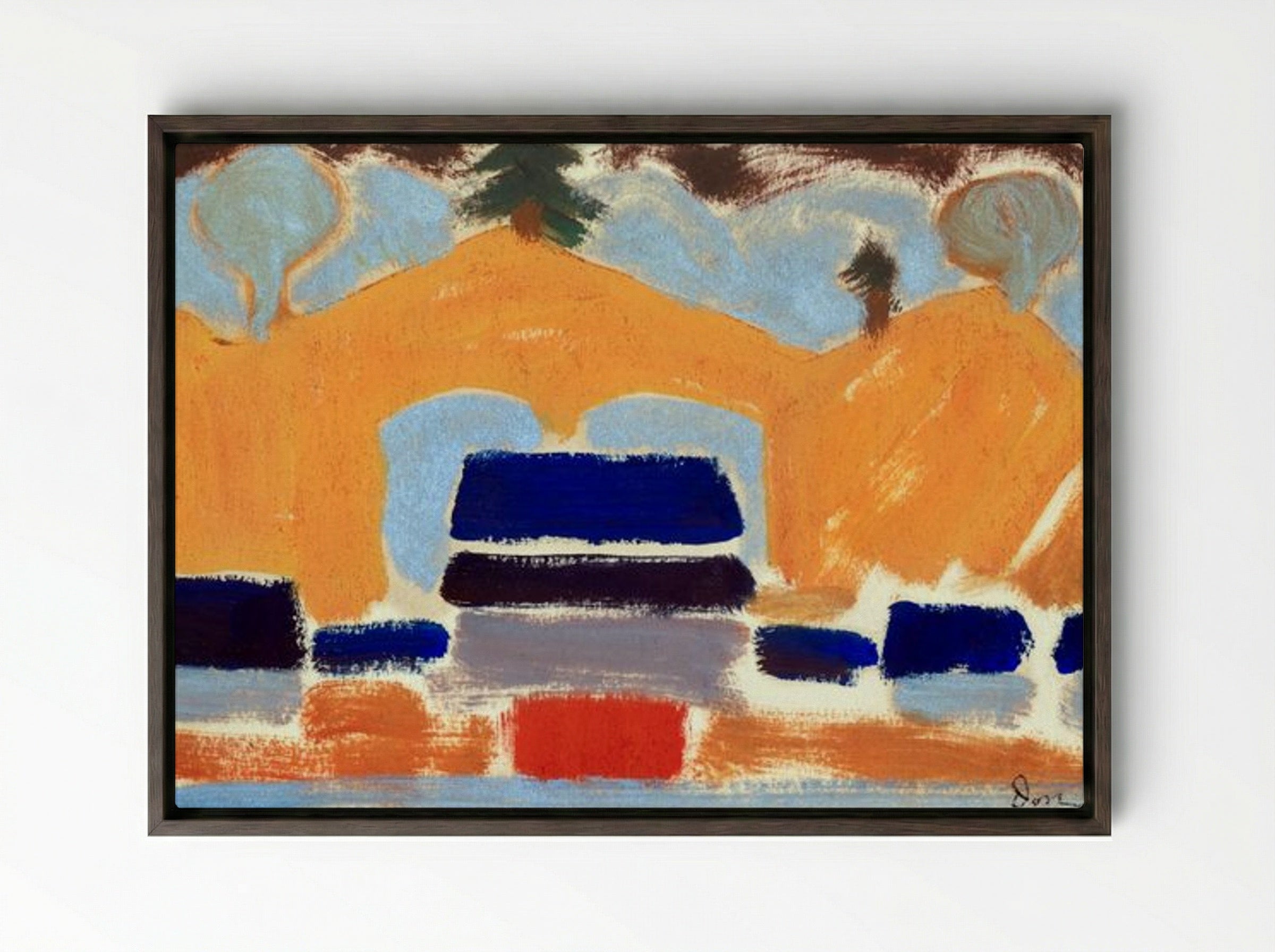 Abstract Landscape with Orange Hills - Fine Art Print - Framed Canvas Dark Wood