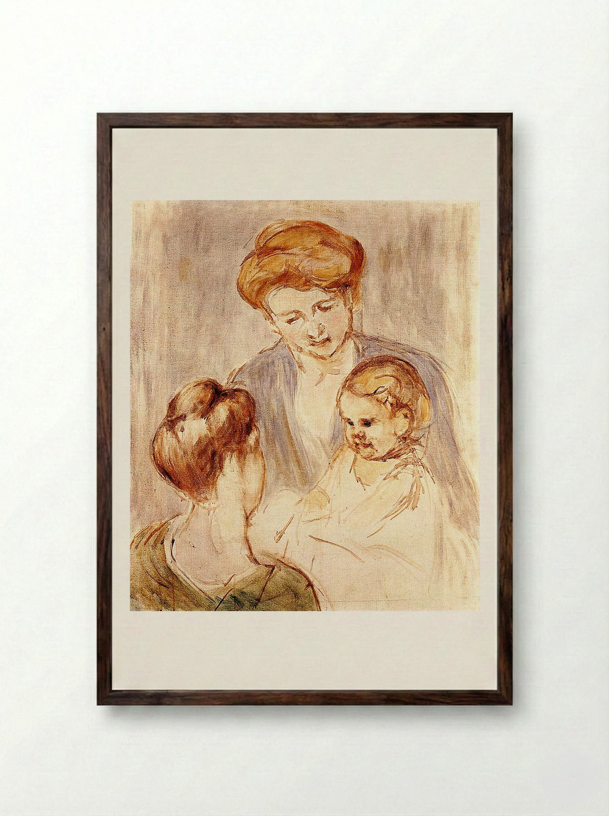 A Baby Smiling at Two Young Women - Mary Cassatt - Framed Print Dark Wood