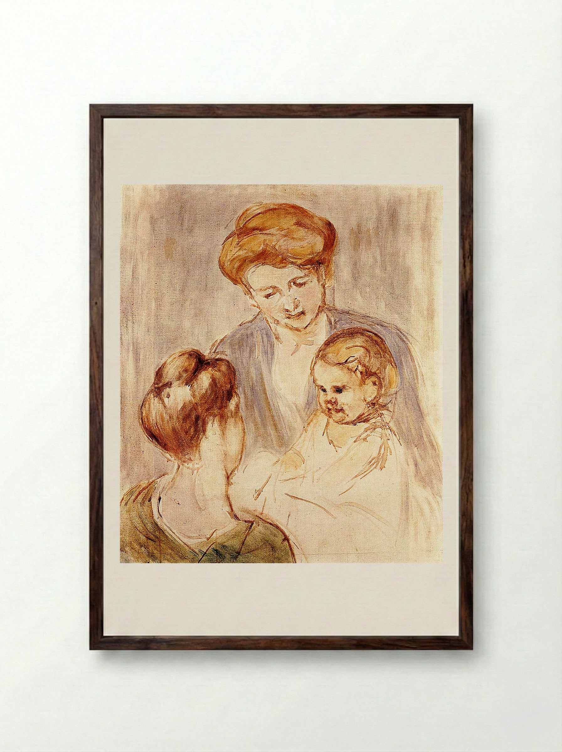A Baby Smiling at Two Young Women - Mary Cassatt - Framed Print Dark Wood