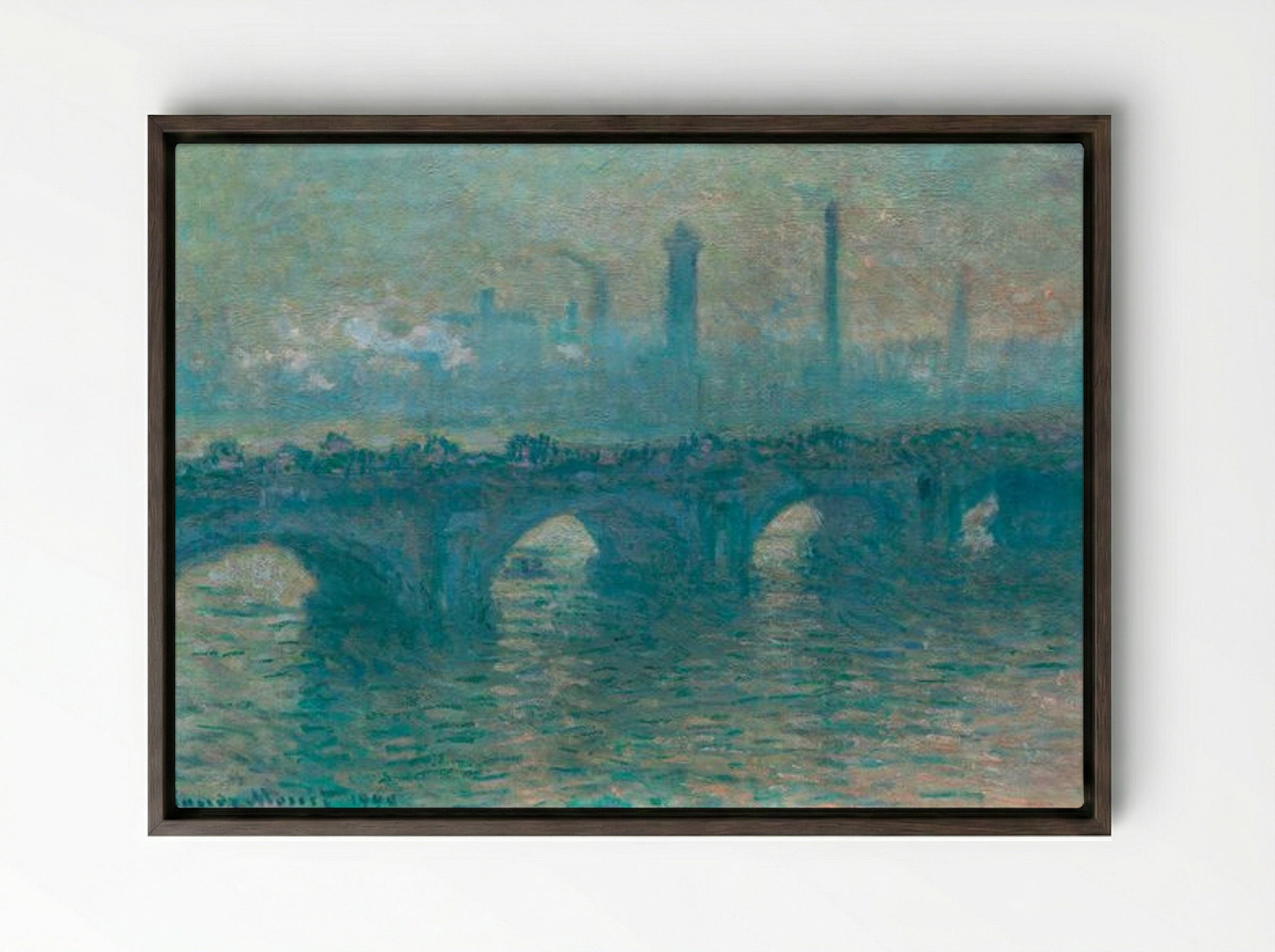 Waterloo Bridge, Grey Weather - Claude Monet - Framed Canvas Dark Wood