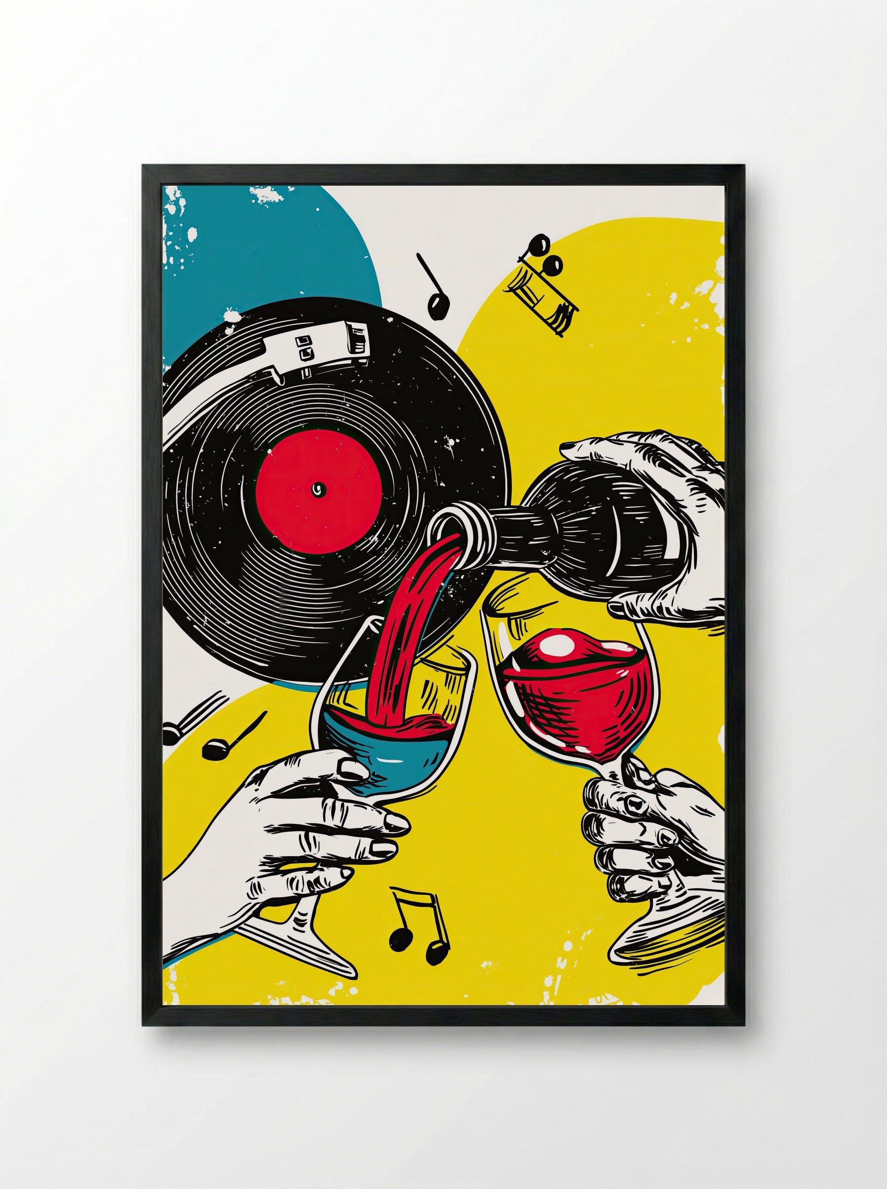 Vinyl and Vino – Bold Pop Art Wine and Music Print - Framed Print Black