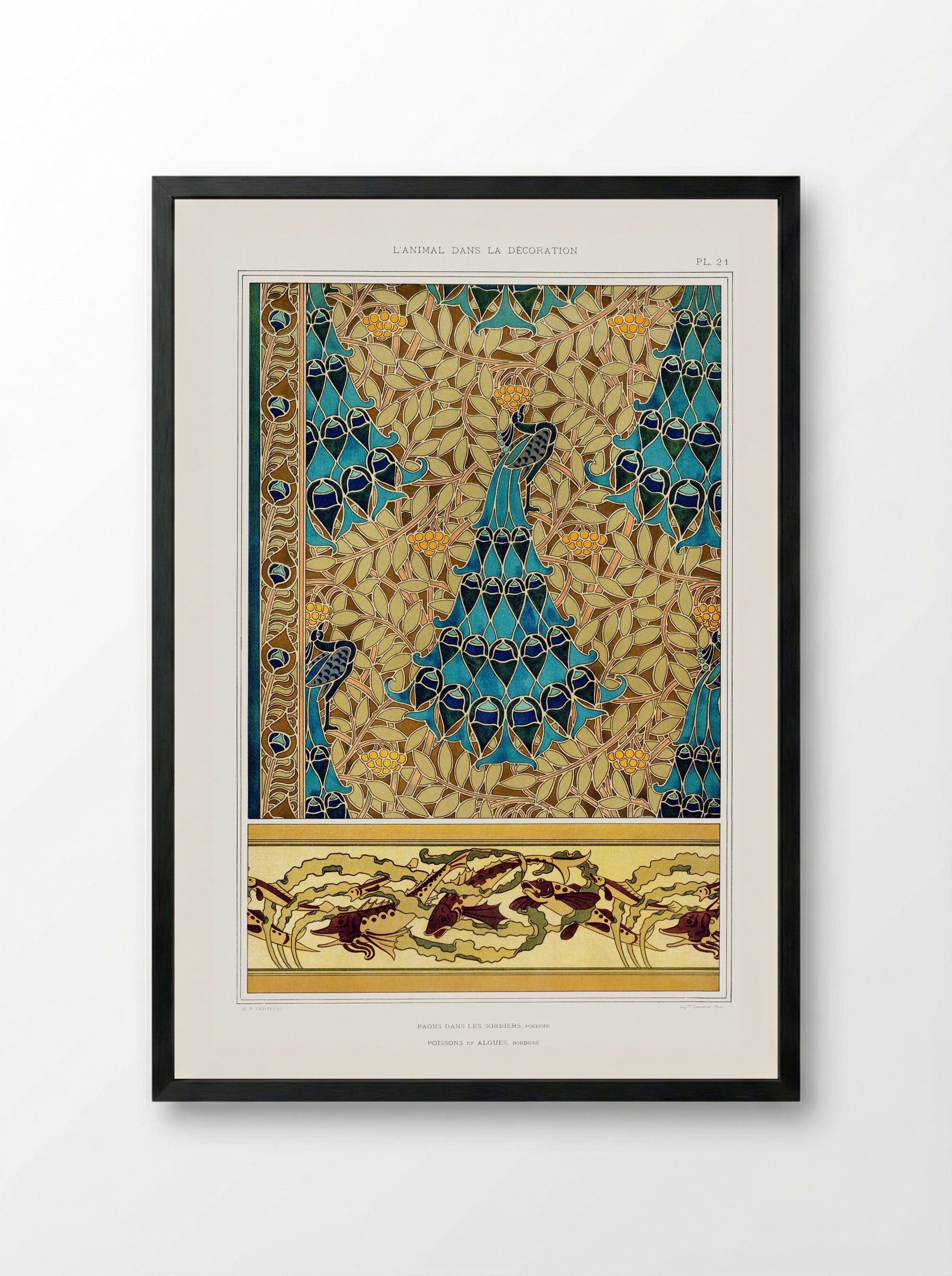Paons dans les sorbiers, Pochoir; Poissons et algues, Bordure - Maurice Pillard Verneuil - Framed Print Black