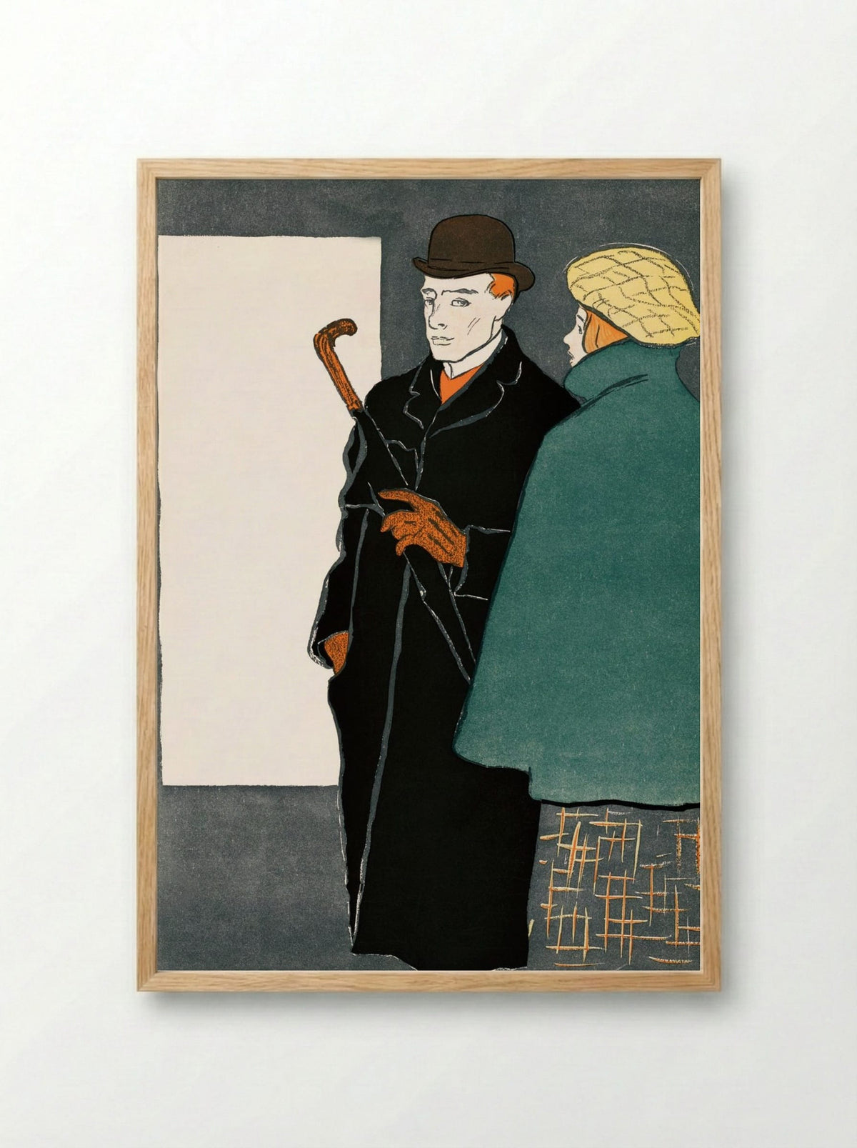Man with Walking Stick and Woman - Edward Penfield - Framed Print Wood