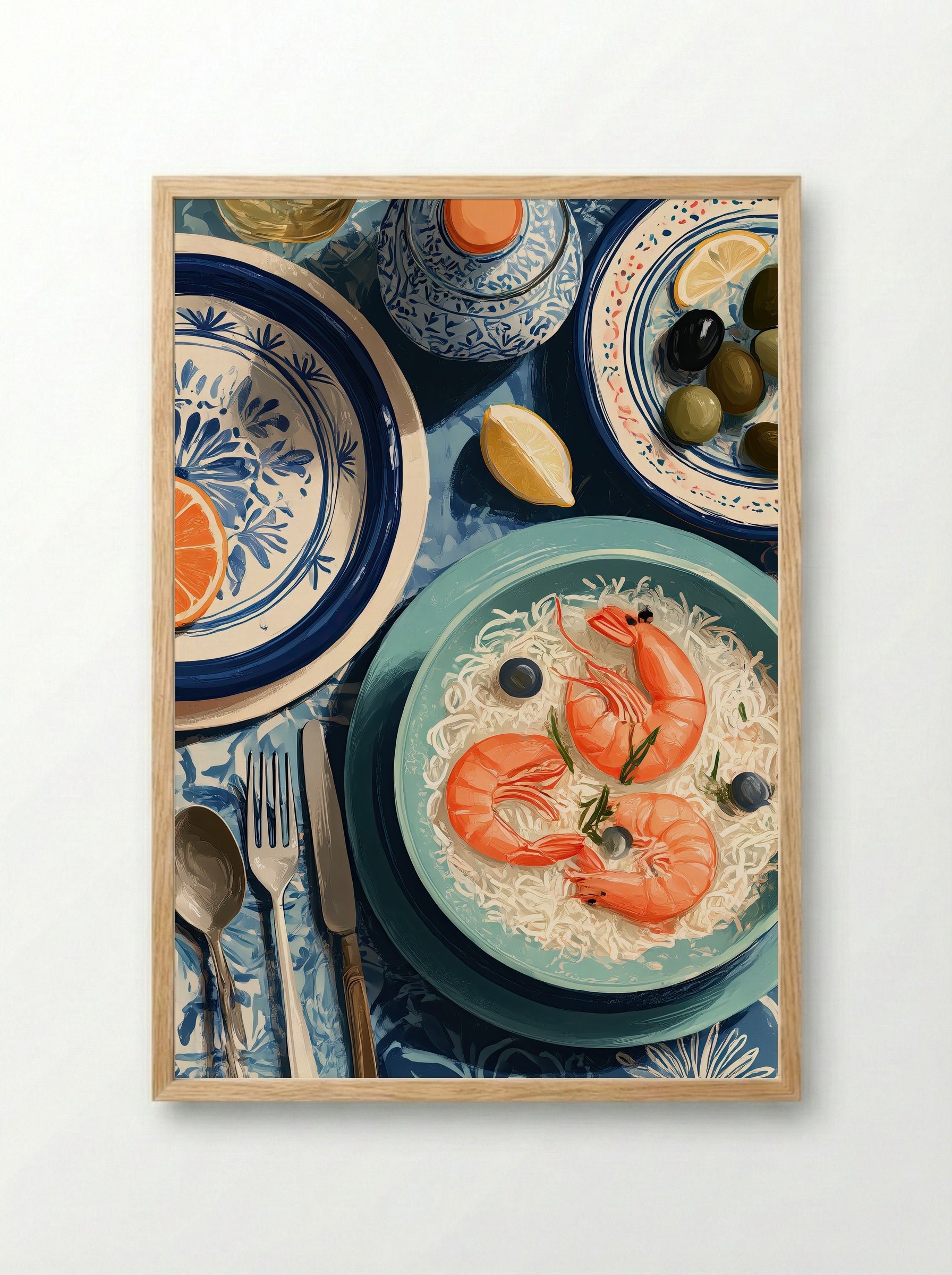 Mediterranean Table Seafood Still Life Art Print - Framed Print Wood