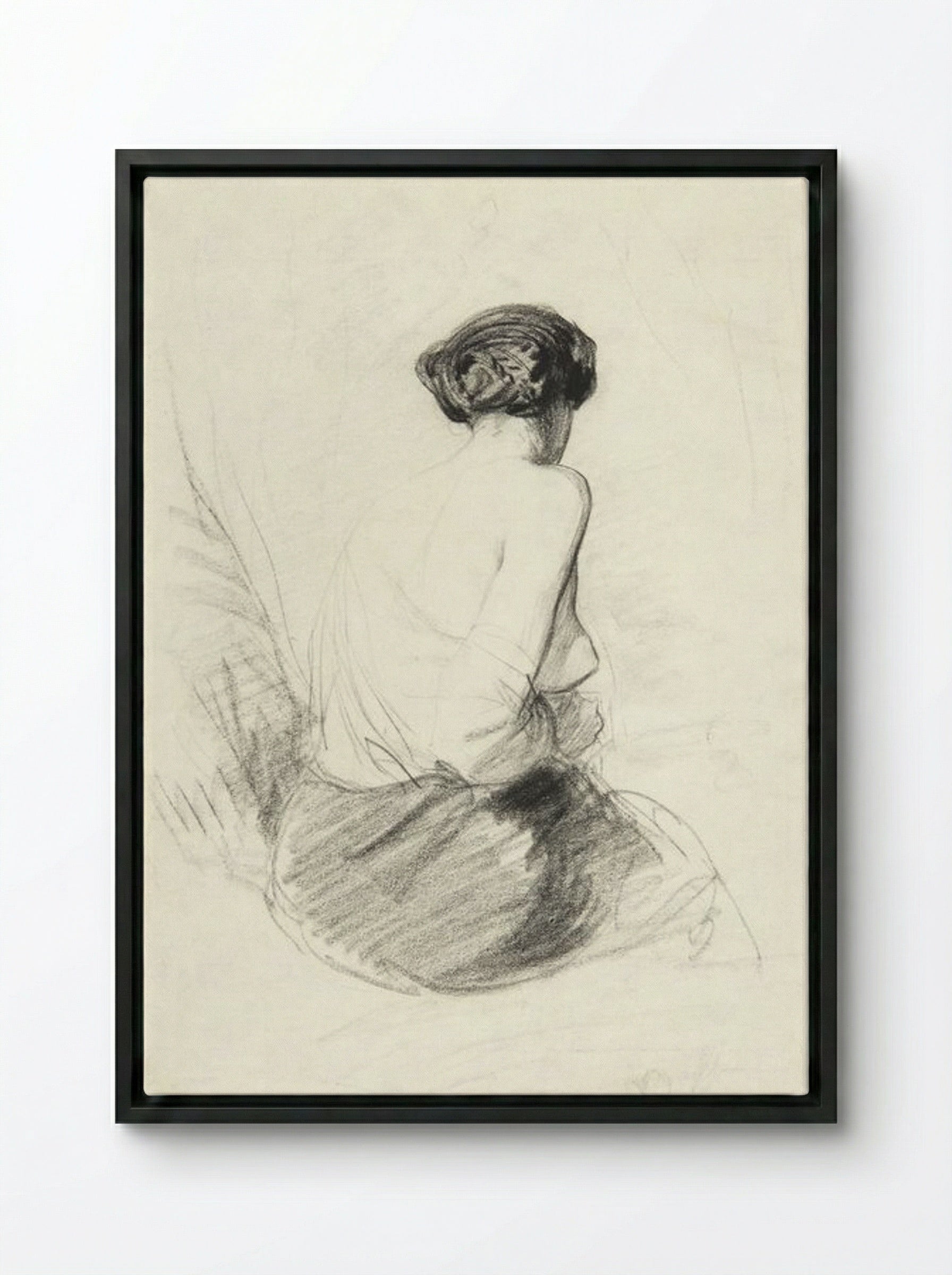 Woman Seated, Seen from Back (Nude Study) - Paul Gavarni - Framed Canvas Black