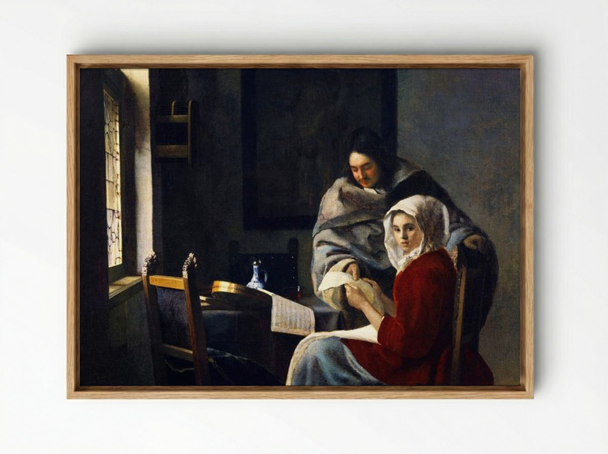 Girl Interrupted at Her Music - Johannes Vermeer - Framed Canvas Wood