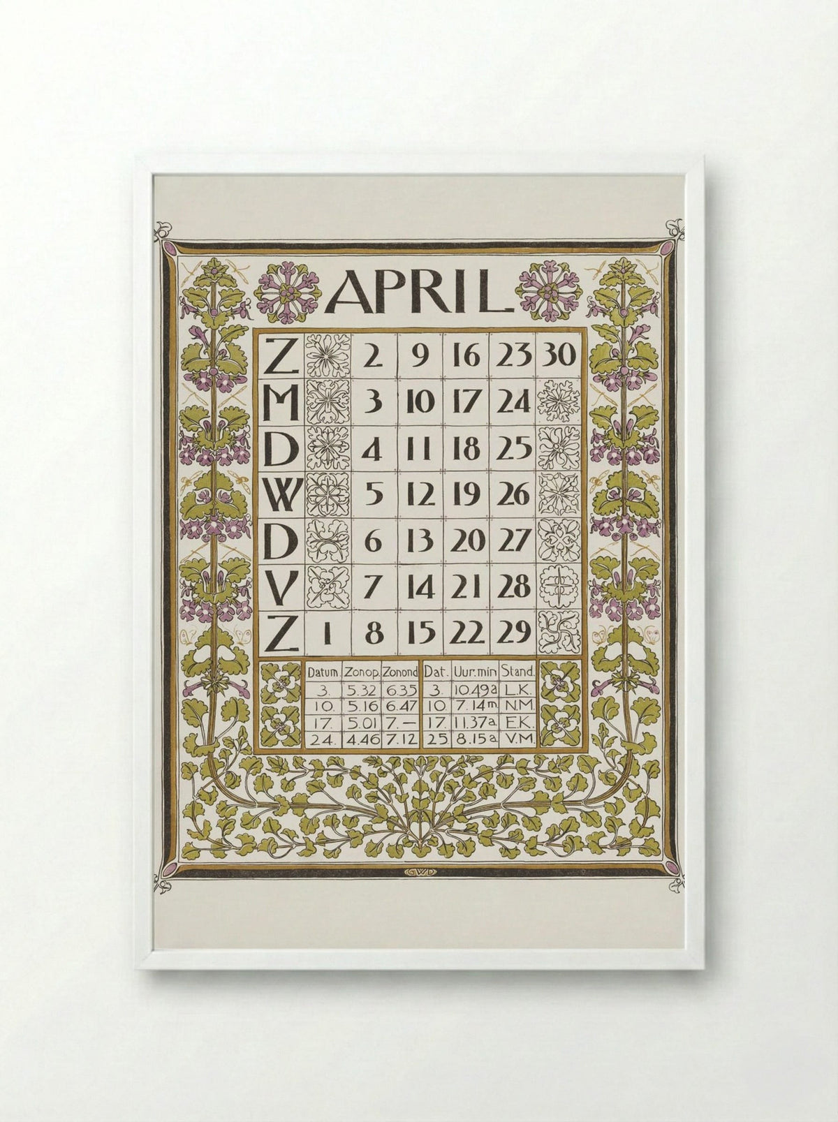 Calendar for April 1899 - Gerrit Willem Dijsselhof - Framed Print White