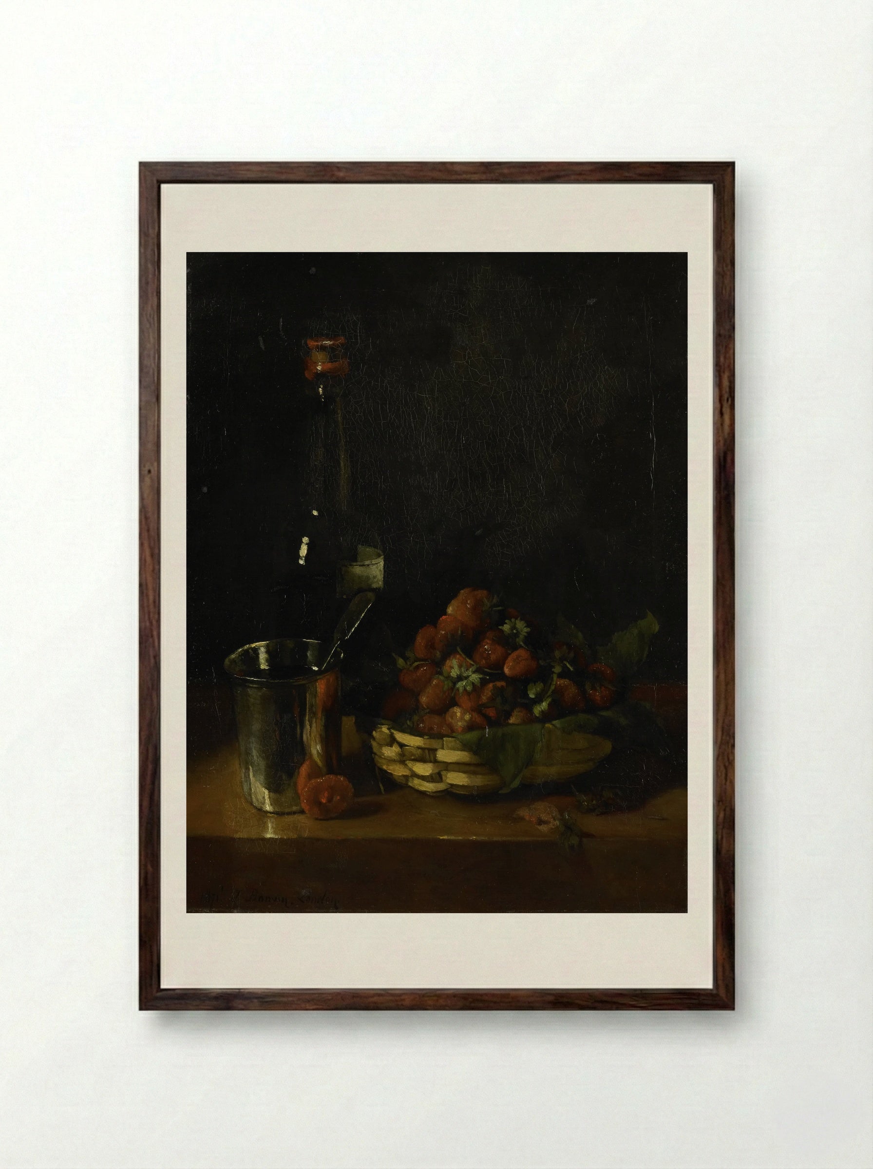 Still Life with Strawberries - François Bonvin - Framed Print Dark Wood