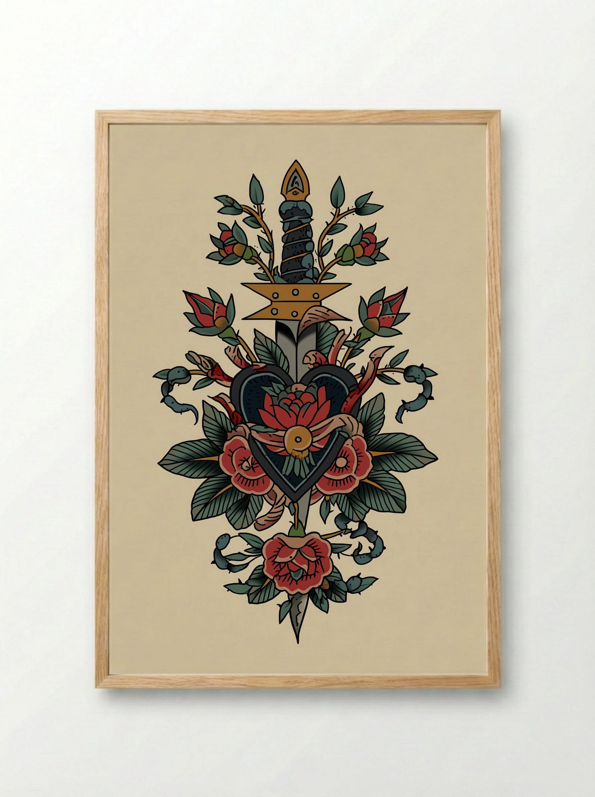 Sacred Heart and Dagger - Neo Traditional Tattoo Print - Framed Print Wood