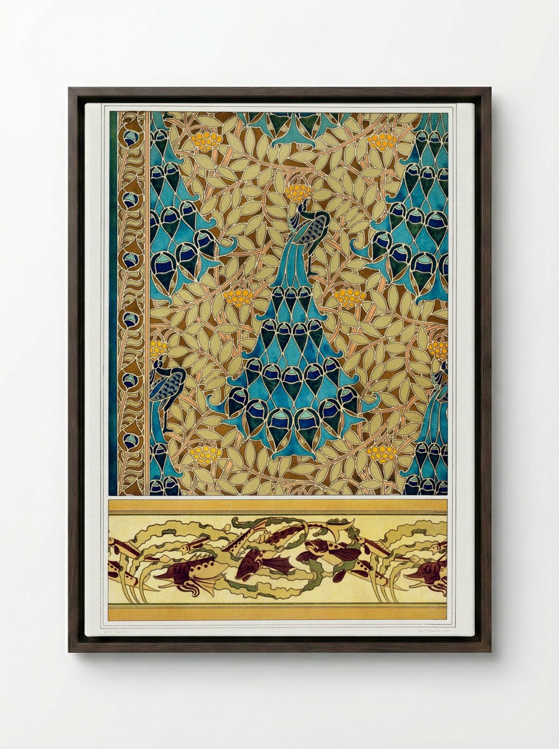 Paons dans les Sorbiers, Poissons et Algues - Maurice Pillard Verneuil - Framed Canvas Dark Wood