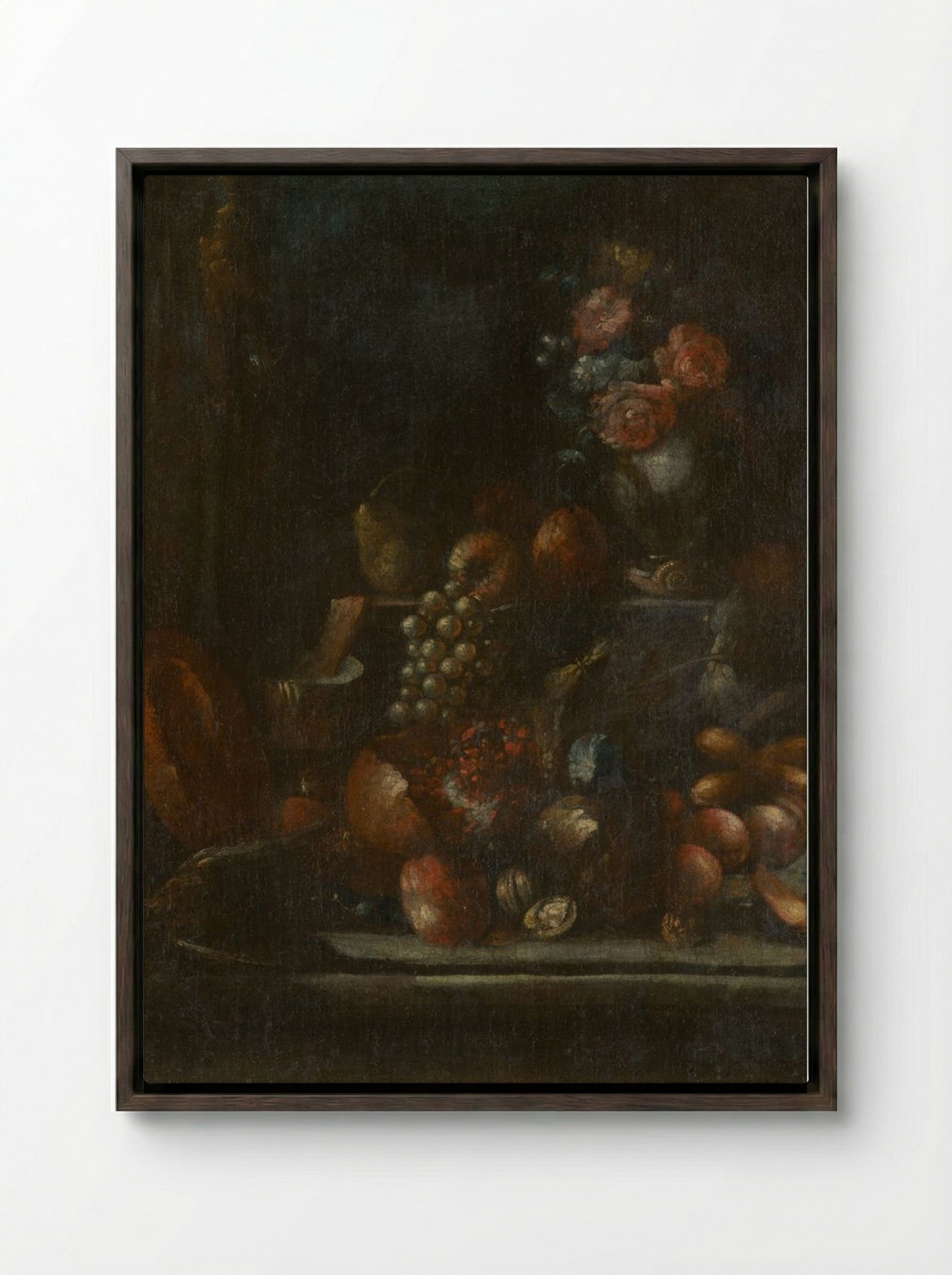 Still Life with Fruit and a Vase - Fine Art Print - Framed Canvas Dark Wood