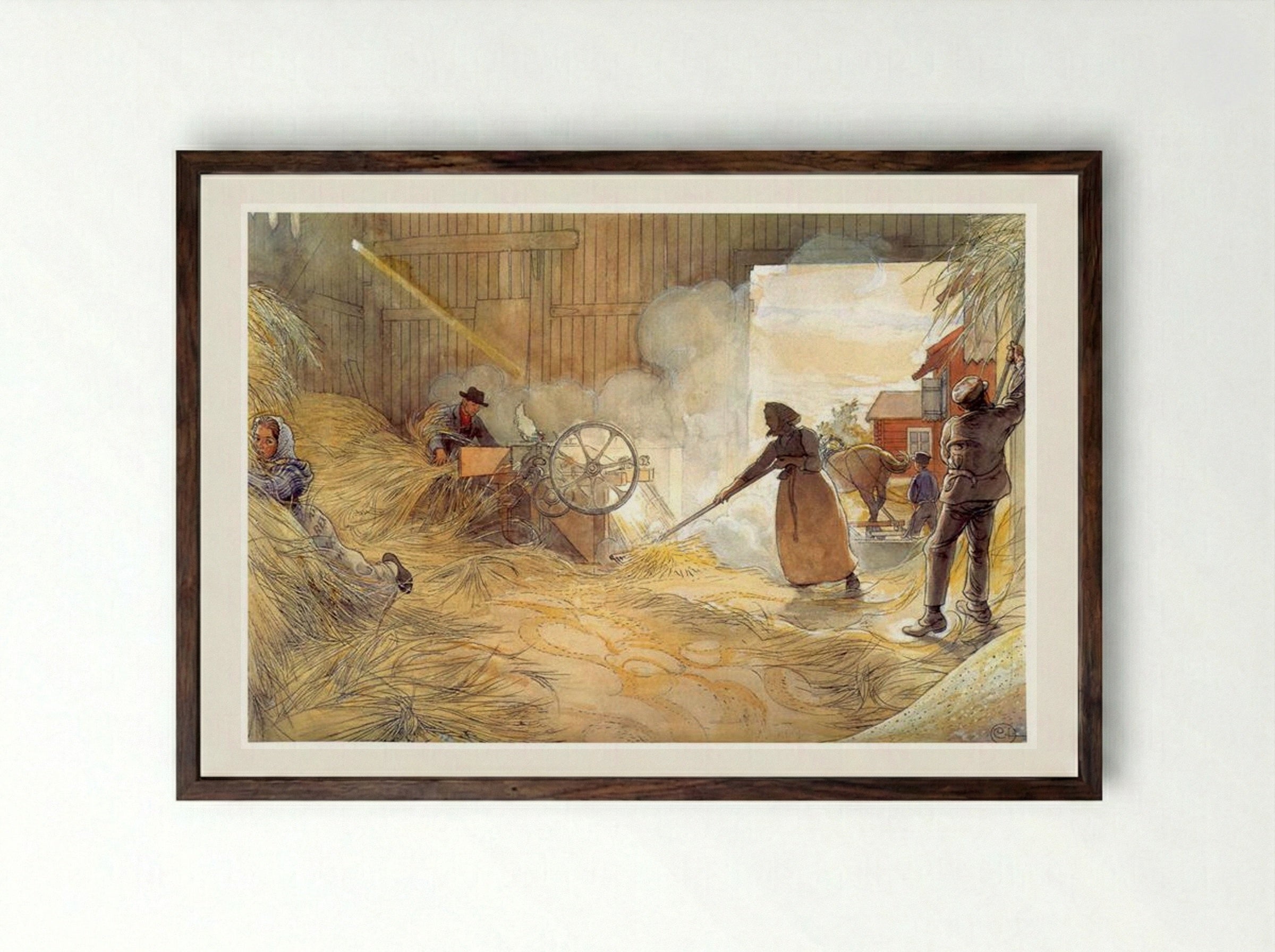 Threshing - Carl Larsson - Framed Print Dark Wood