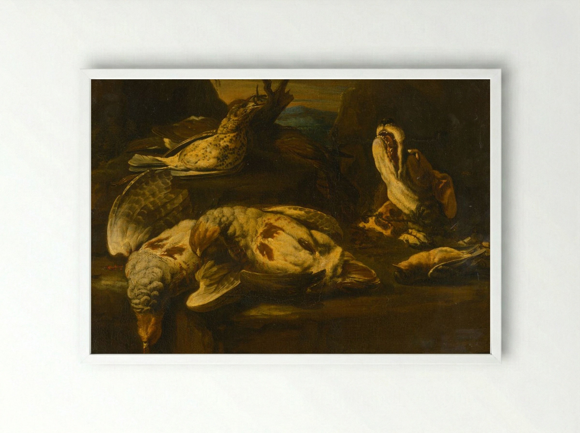 Hunting Still Life with Birds and Dog - Fine Art Print - Framed Print White