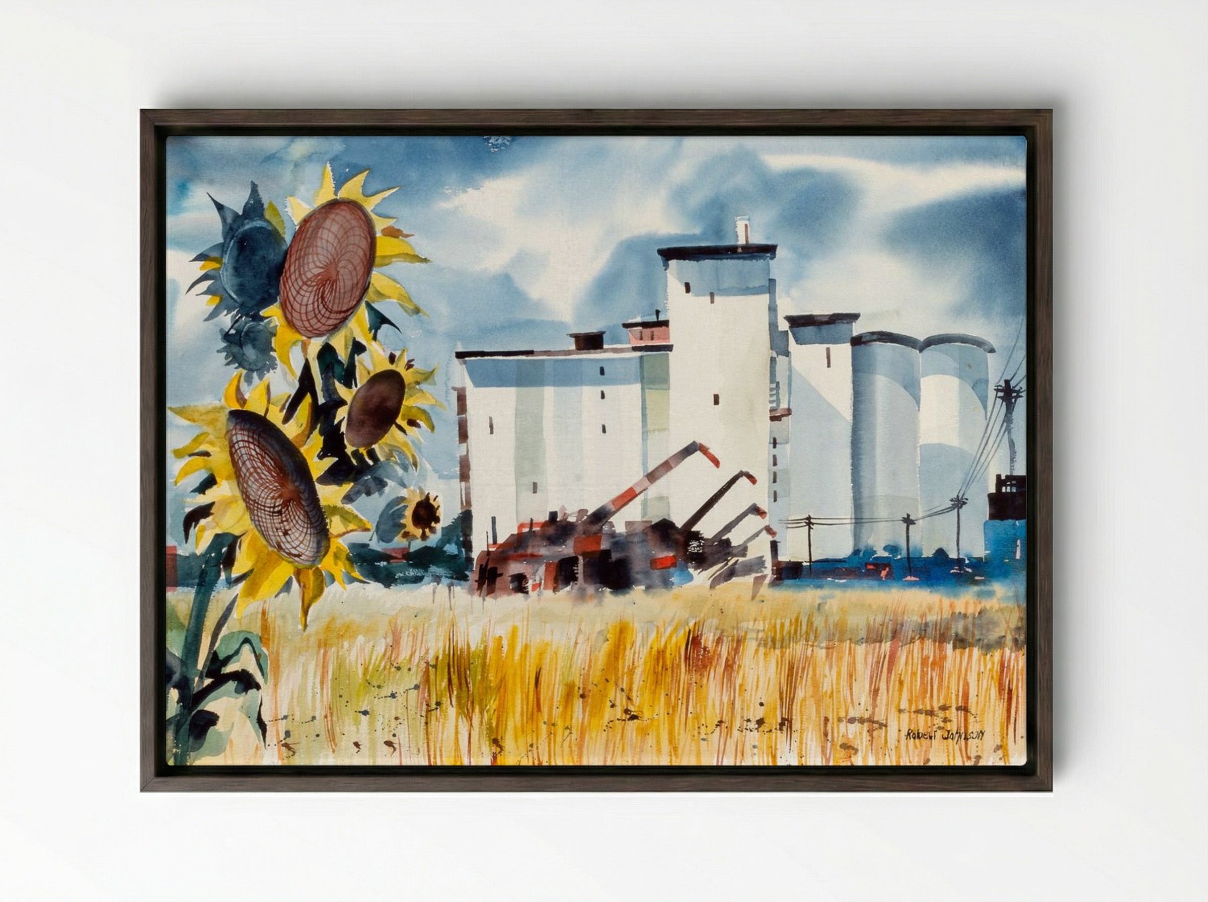 Grain Elevator, Kansas - Robert Johnson - Framed Canvas Dark Wood