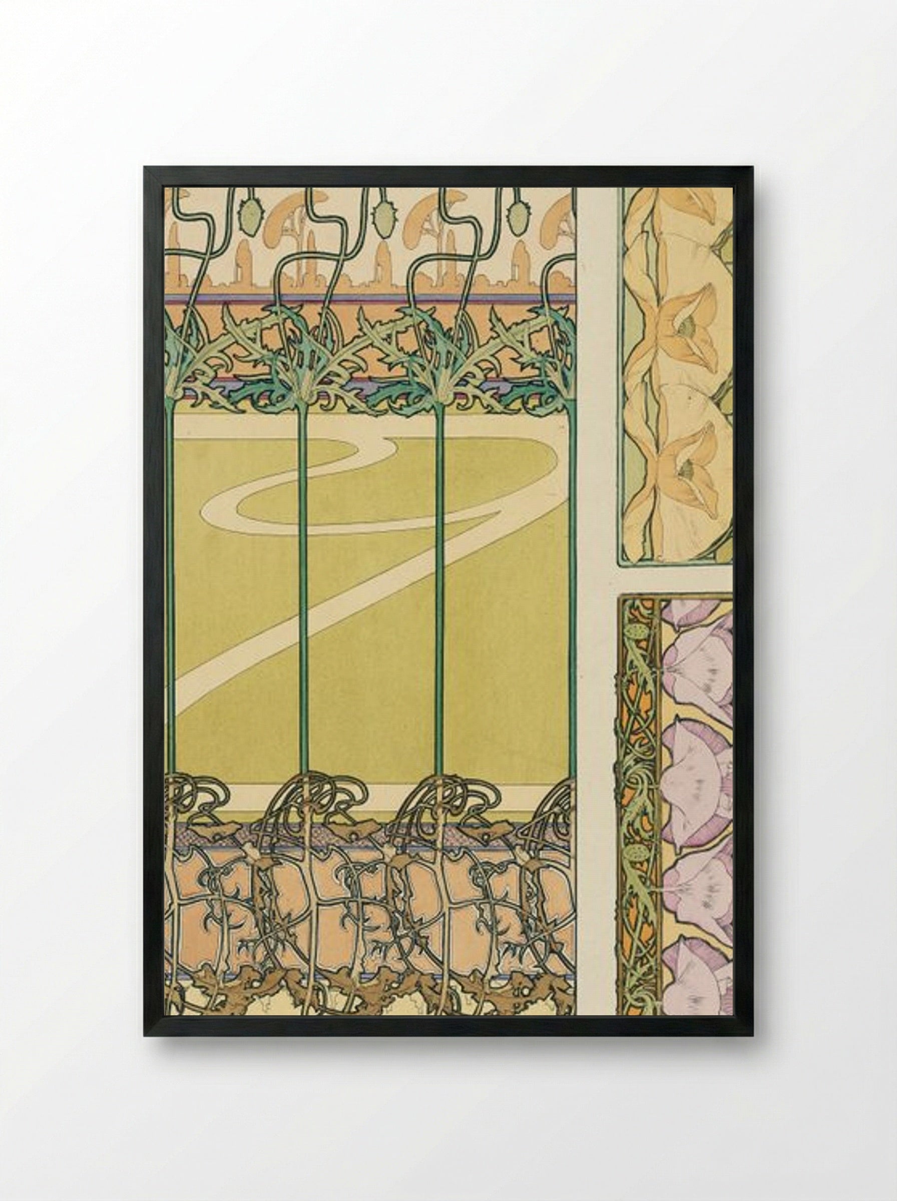 Floral Panel Design with Poppies and Morning Glories - Alphonse Mucha - Framed Print Black