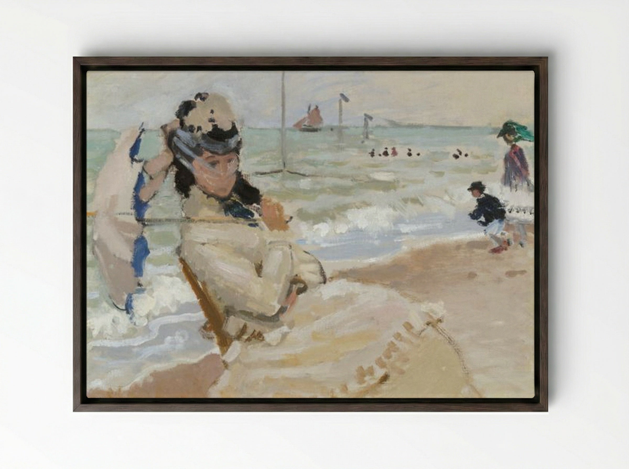 Camille on the Beach in Trouville - Claude Monet - Framed Canvas Dark Wood