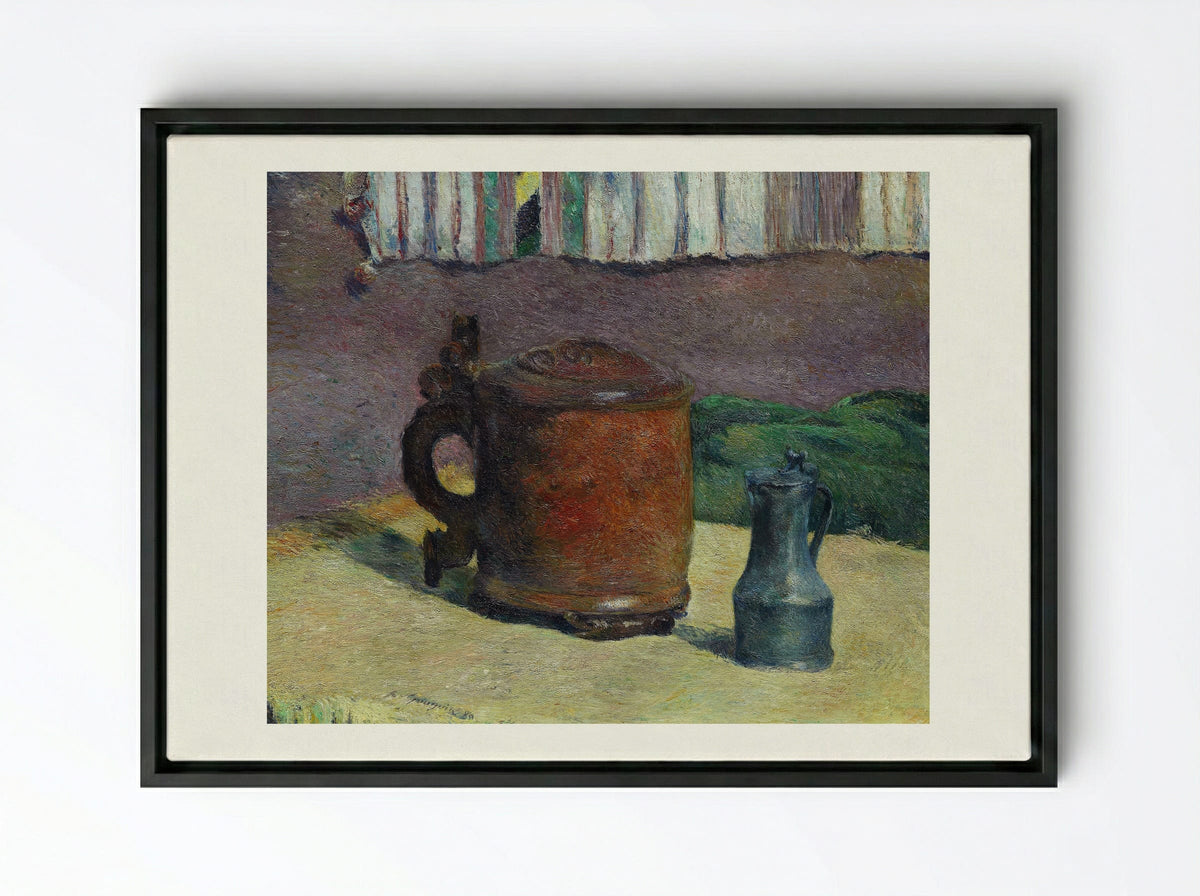 Still Life with Wood Tankard and Metal Pitcher - Paul Gauguin - Framed Canvas Black