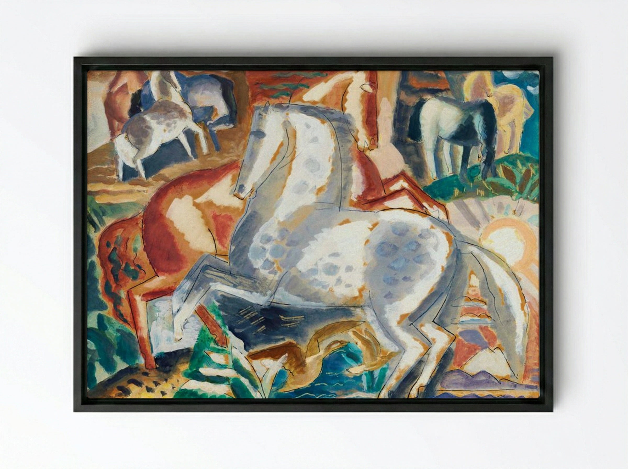 Horses in Landscape - Leo Gestel - Framed Canvas Black