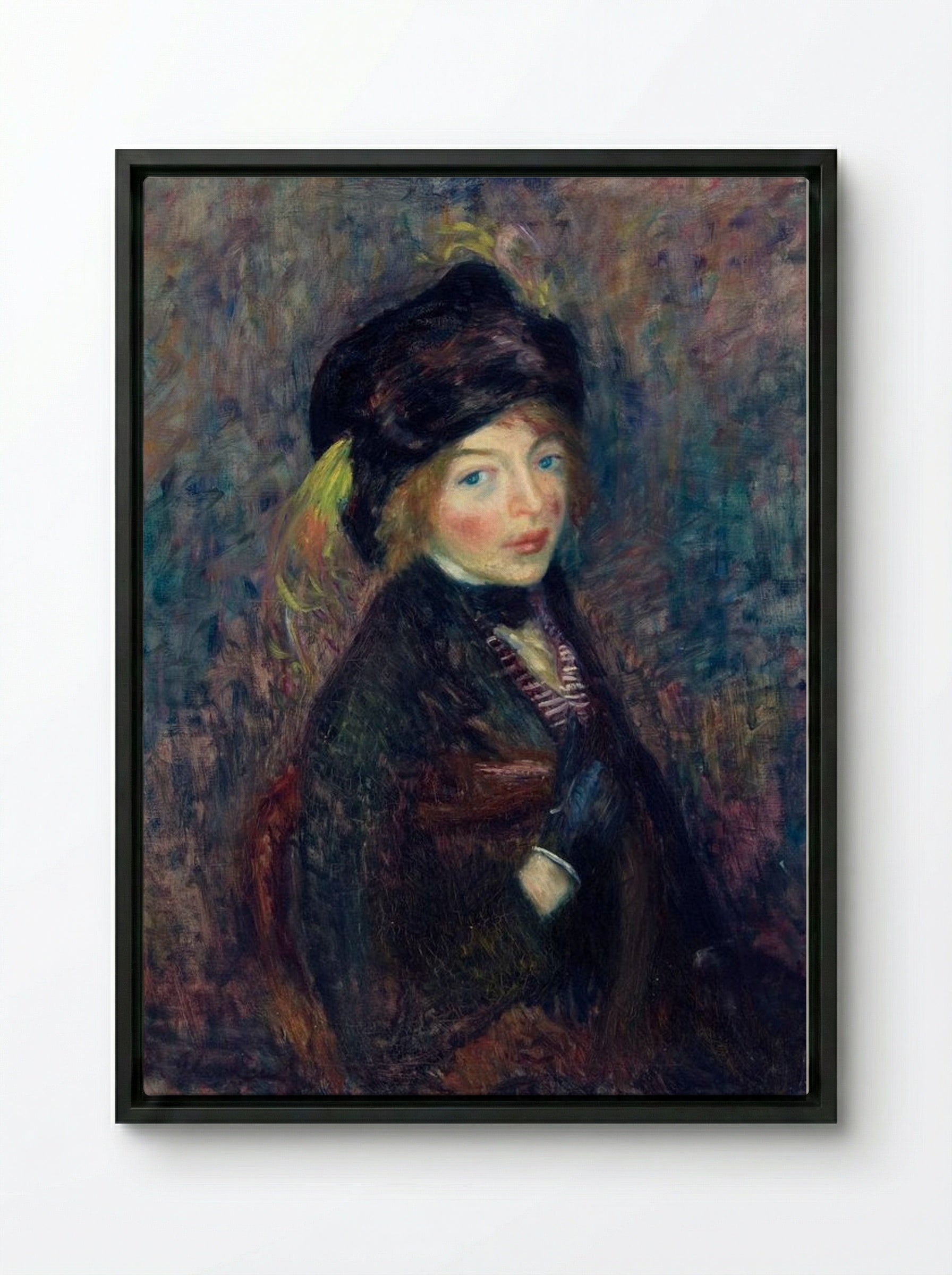 Head of Girl, Feather in Turban - William James Glackens - Framed Canvas Black