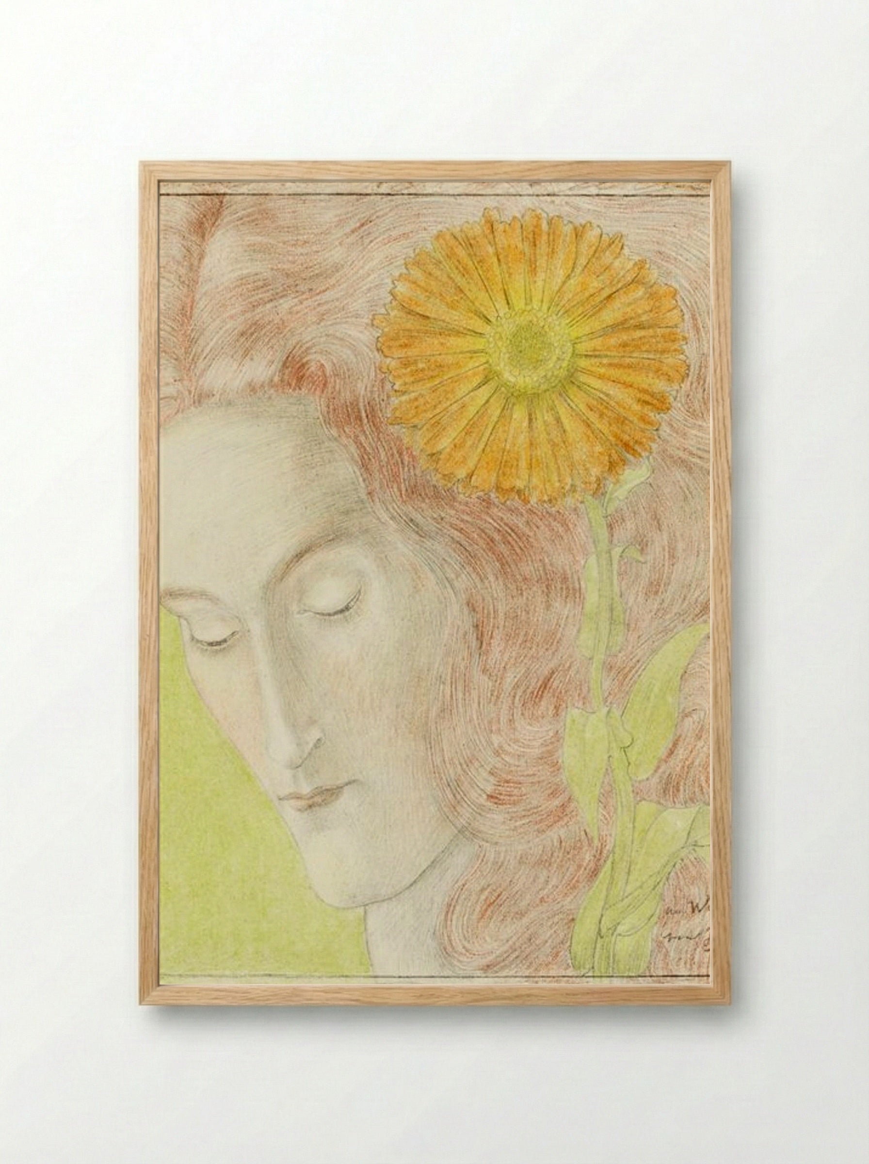 Woman's Head with Red Hair and Chrysanthemum - Jan Toorop - Framed Print Wood
