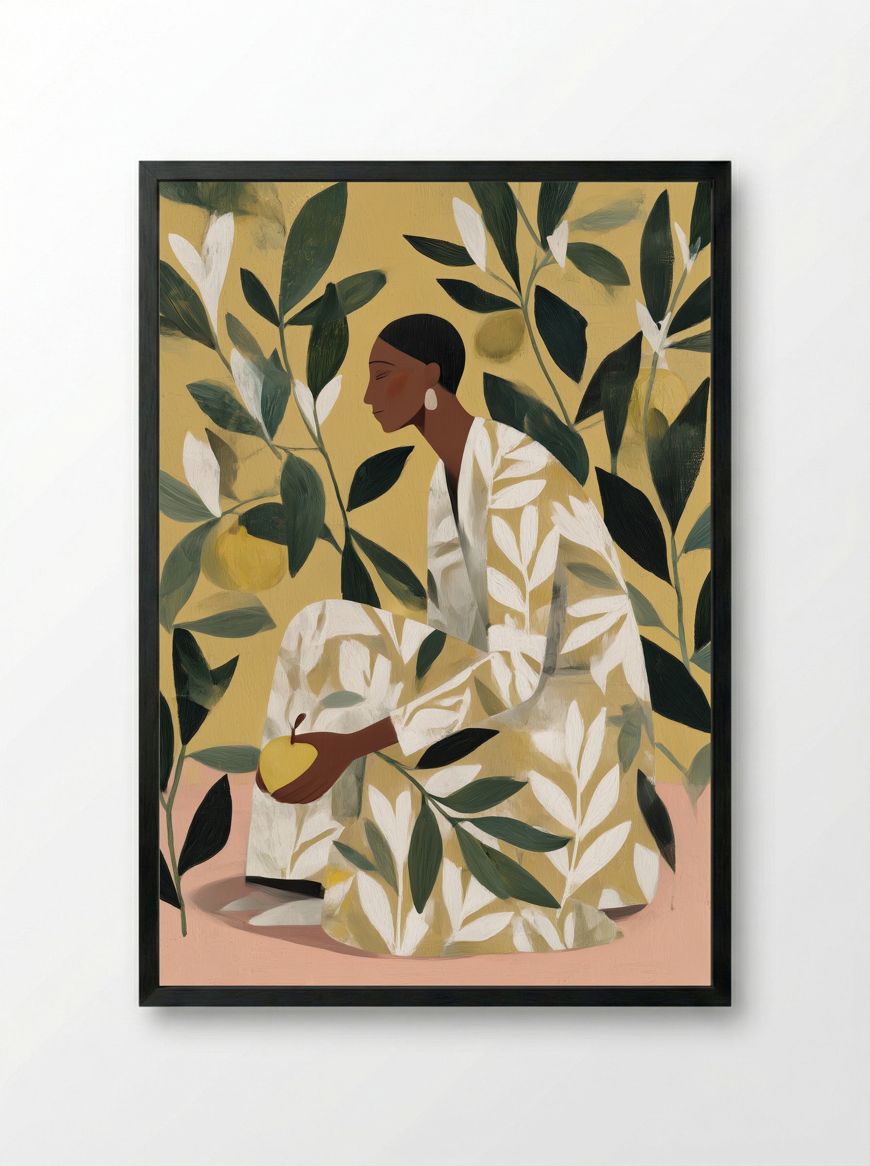 Striped Elegance Sitting Woman Abstract Print - Framed Print Black
