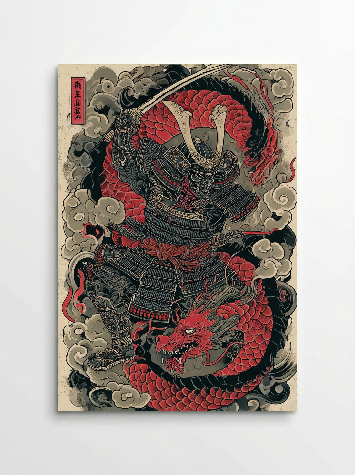 Samurai and Dragon - Japanese Warrior Art Print - Poster
