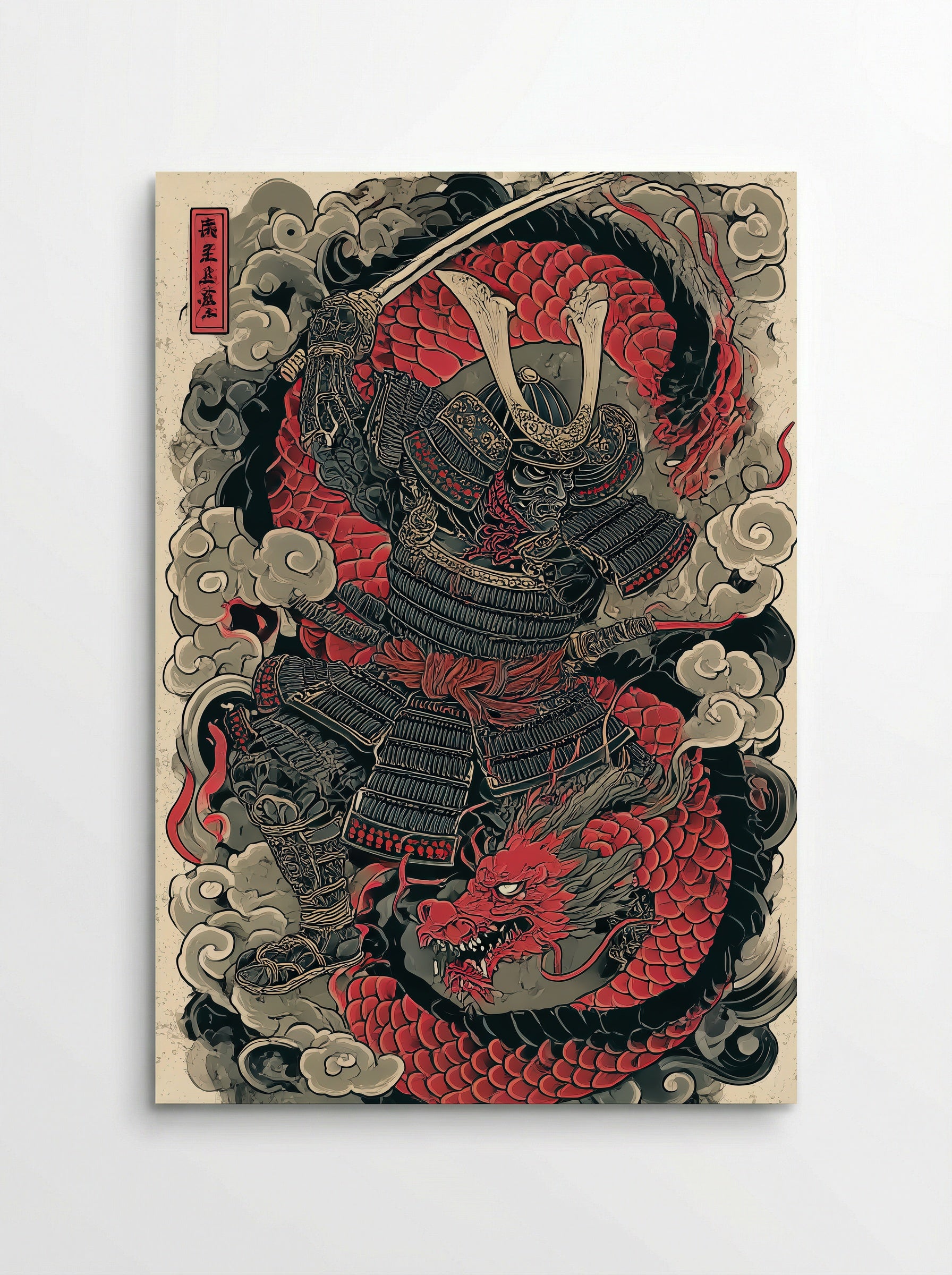 Samurai and Dragon - Japanese Warrior Art Print - Poster