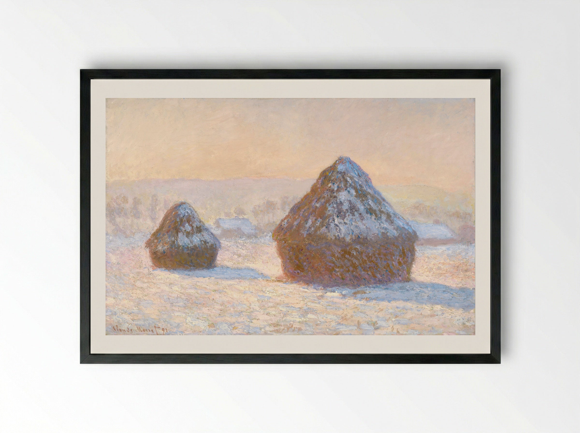 Wheatstacks, Snow Effect, Morning - Claude Monet - Framed Print Black