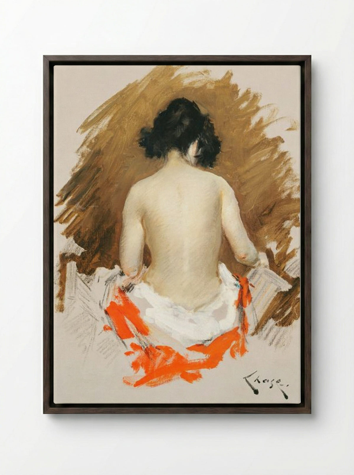 Nude with Kimono - William Merritt Chase - Framed Canvas Dark Wood