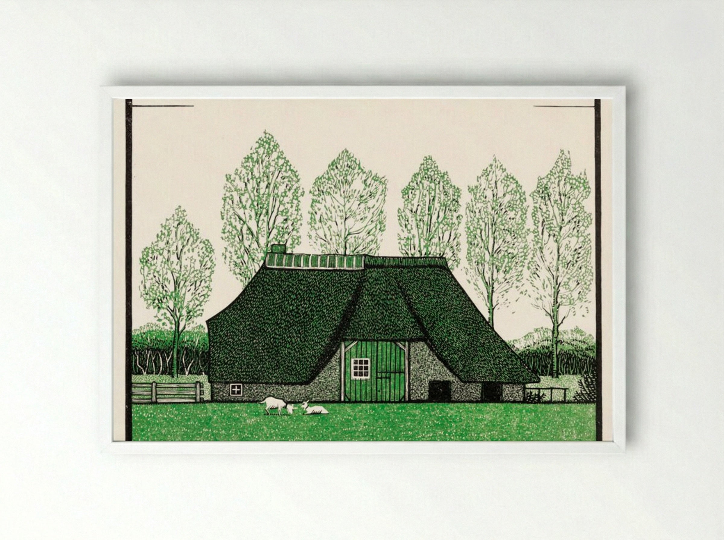 Farmhouse with Thatched Roof - Julie de Graag - Framed Print White