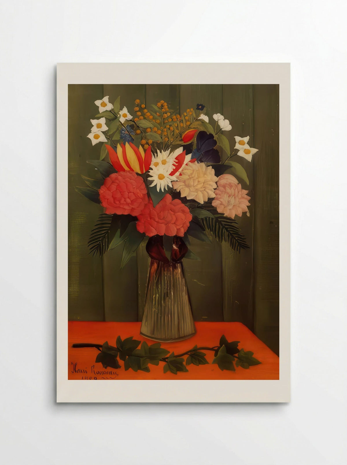 Bouquet of Flowers with Ivy Branch by Henri Rousseau – Vintage Botanical Still Life Print - Poster