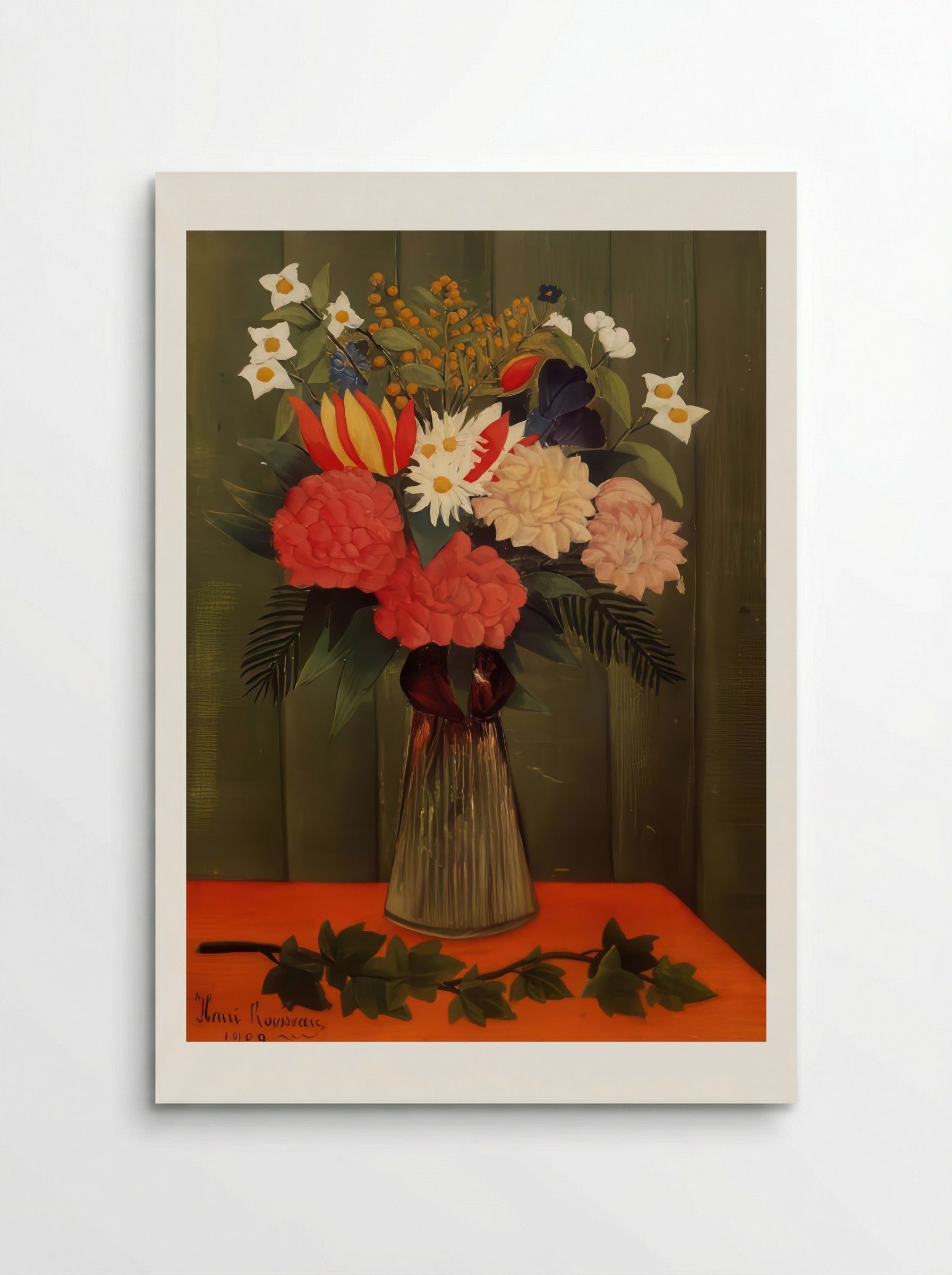 Bouquet of Flowers with Ivy Branch by Henri Rousseau – Vintage Botanical Still Life Print - Poster