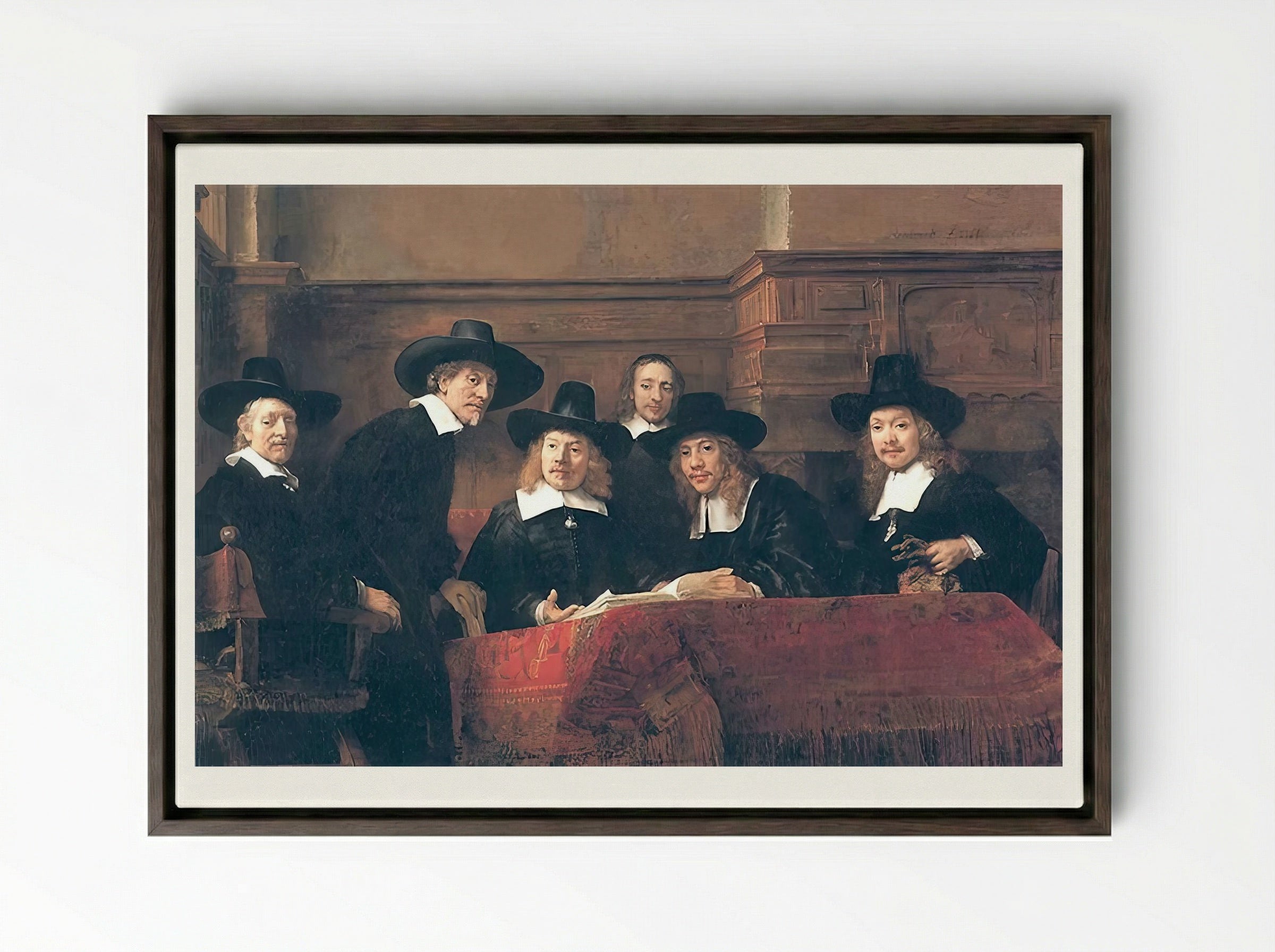 The Syndics of the Drapers' Guild - Rembrandt van Rijn - Framed Canvas Dark Wood