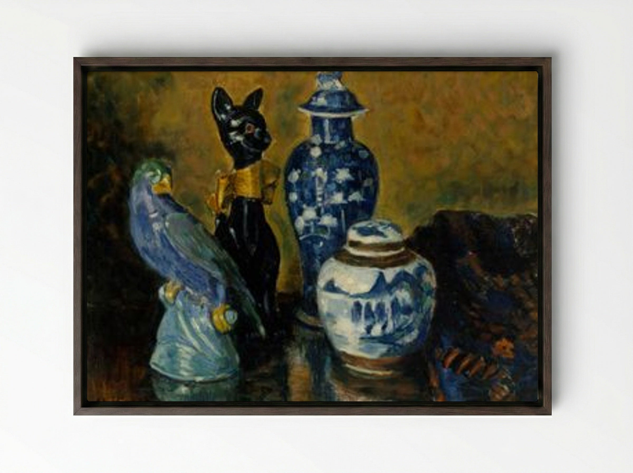 Still Life with Blue Figurines - Alfred William Finch - Framed Canvas Dark Wood