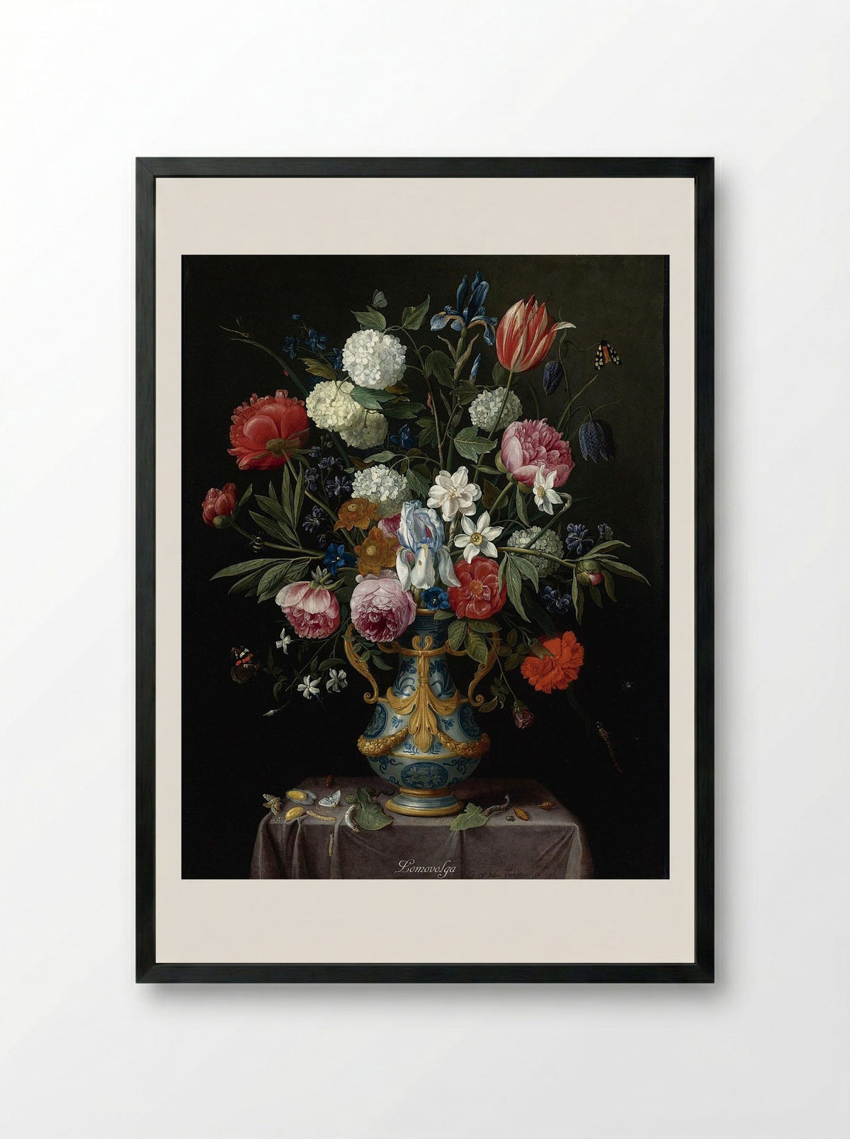 Still Life of Irises, Peonies, Narcissi, a Tulip and Other Flowers in a Blue-and-White Porcelain Vase with Ormolu Mounts on a Draped Pedestal - Jan van Kessel the Elder - Framed Print Black