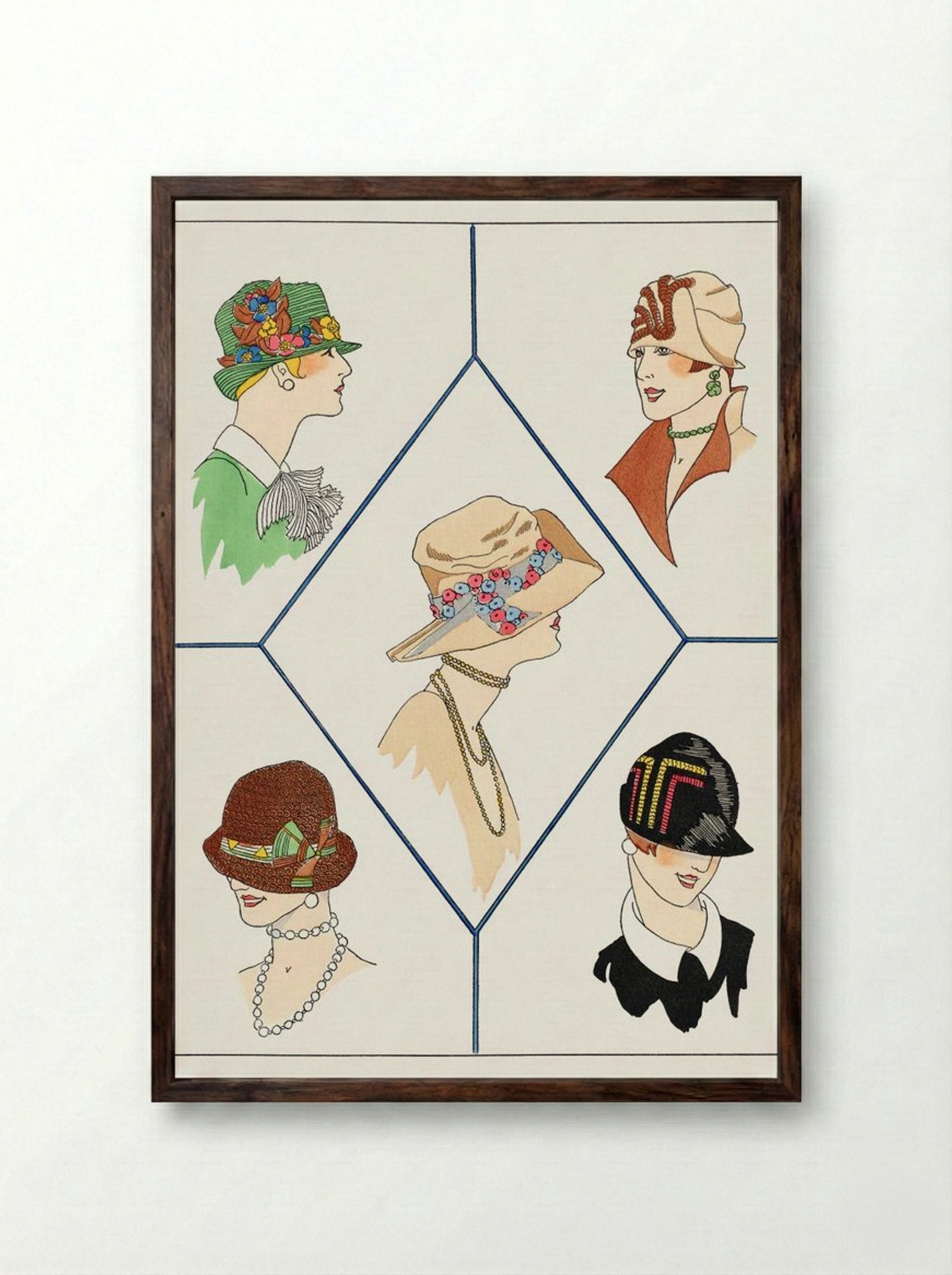 Five Different Women's Hats - Jeanne Duc - Framed Print Dark Wood
