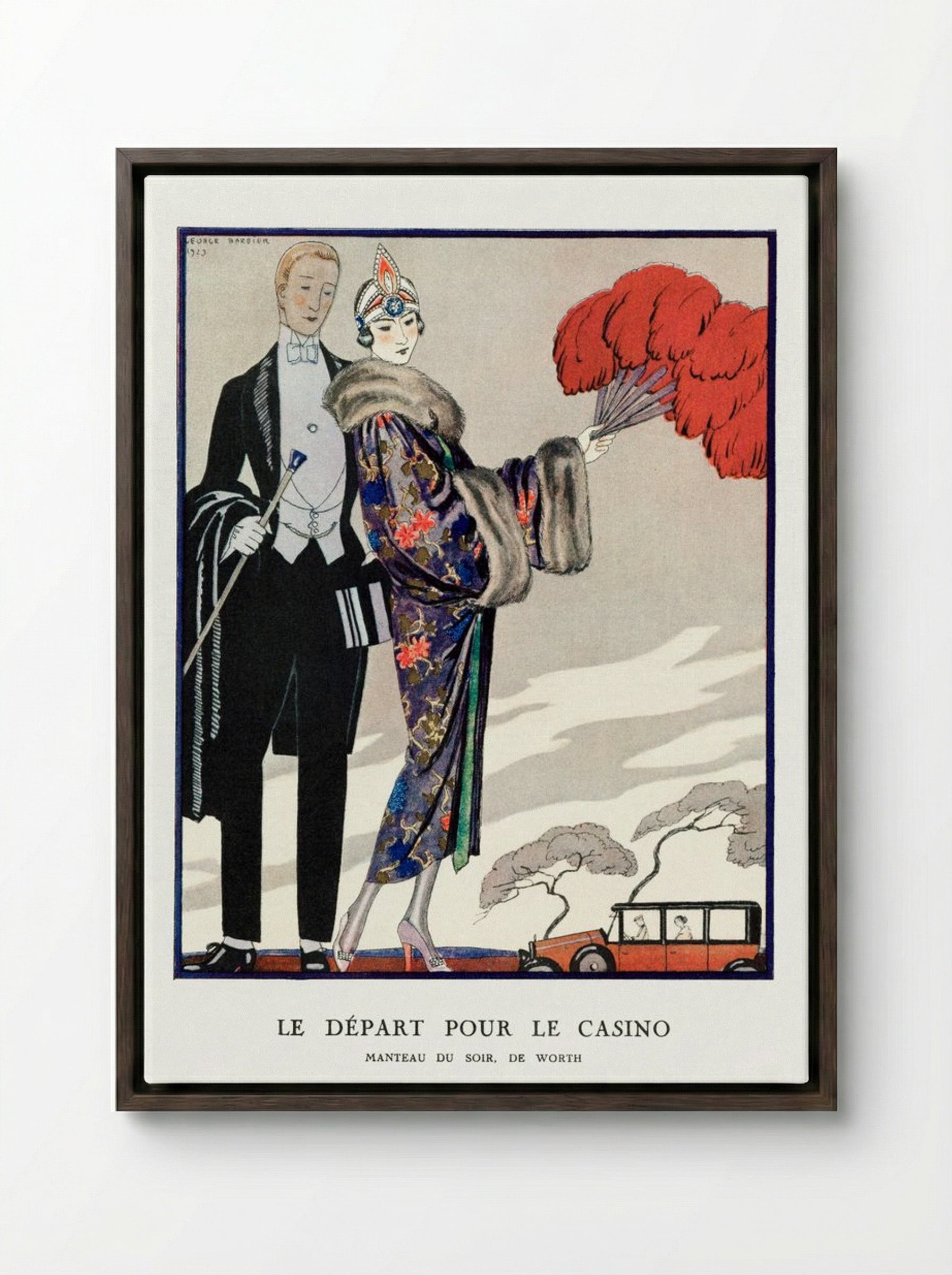 Le Départ pour le Casino, Manteau du Soir de Worth - George Barbier - Framed Canvas Dark Wood