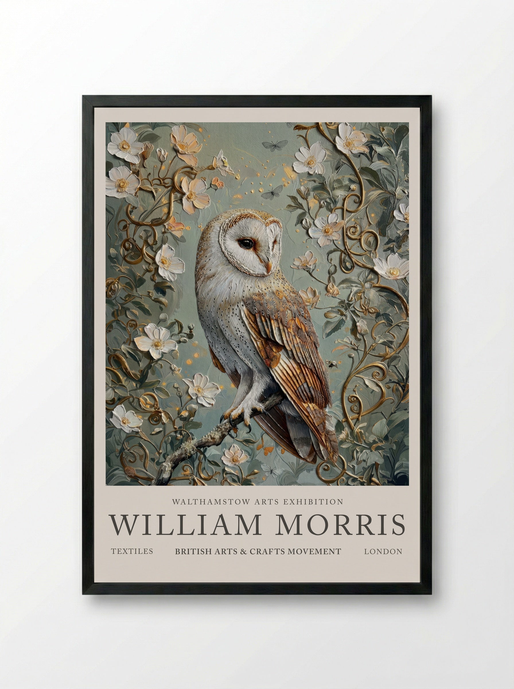 Barn Owl Whispering Wings - William Morris - Framed Print Black