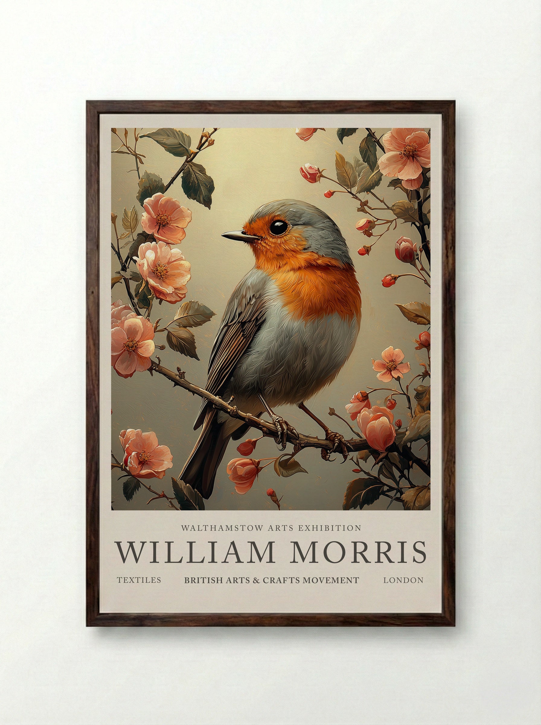 Robin Reflection - William Morris - Framed Print Dark Wood