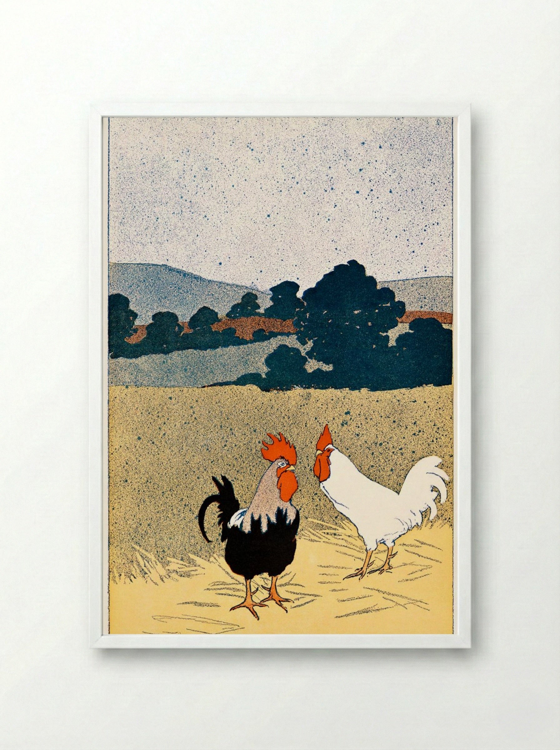Two Roosters in a Field - Edward Penfield - Framed Print White