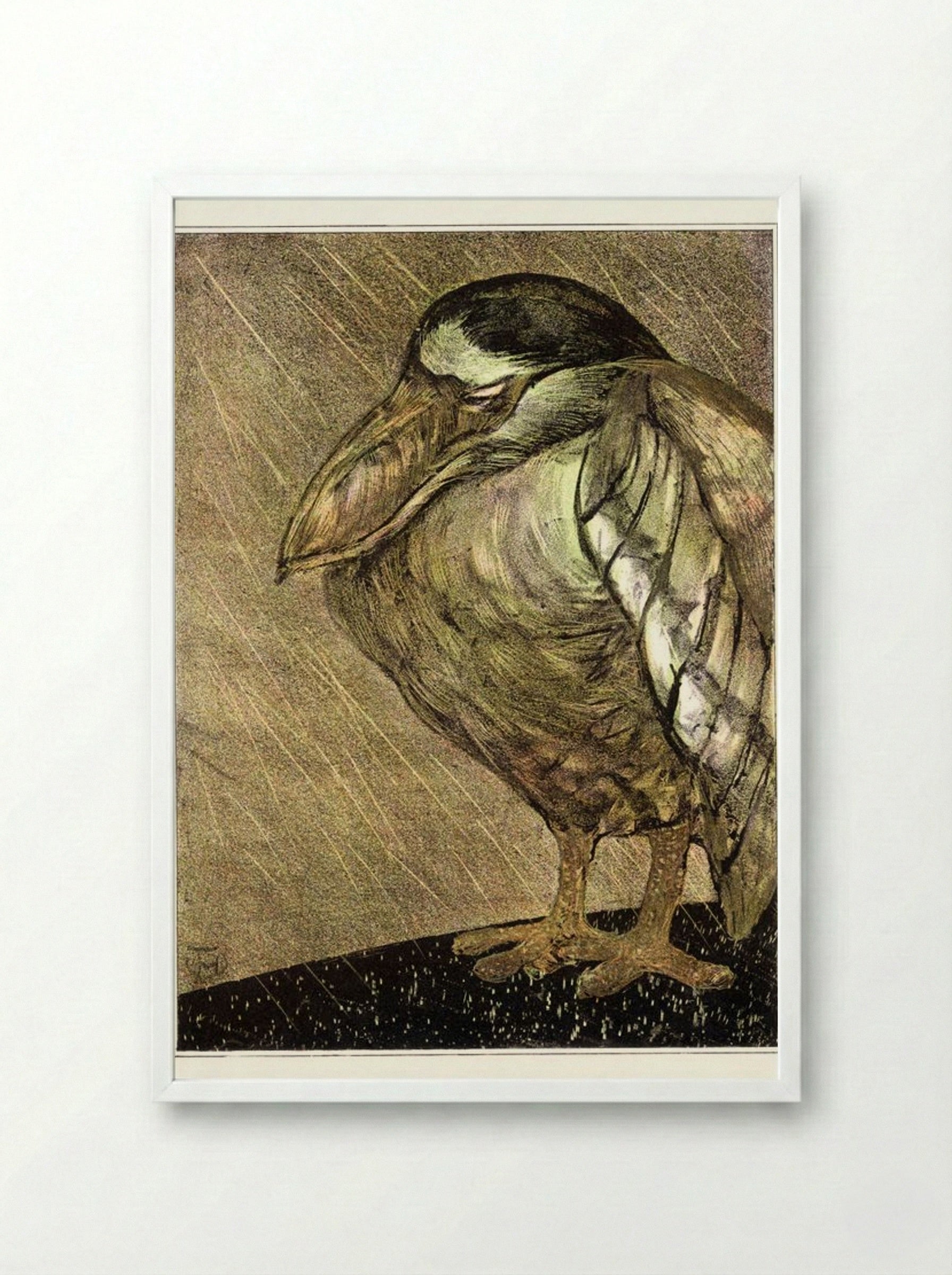 Schuitbekreiger in de regen (Night Heron in the Rain) - Theodorus van Hoytema - Framed Print White