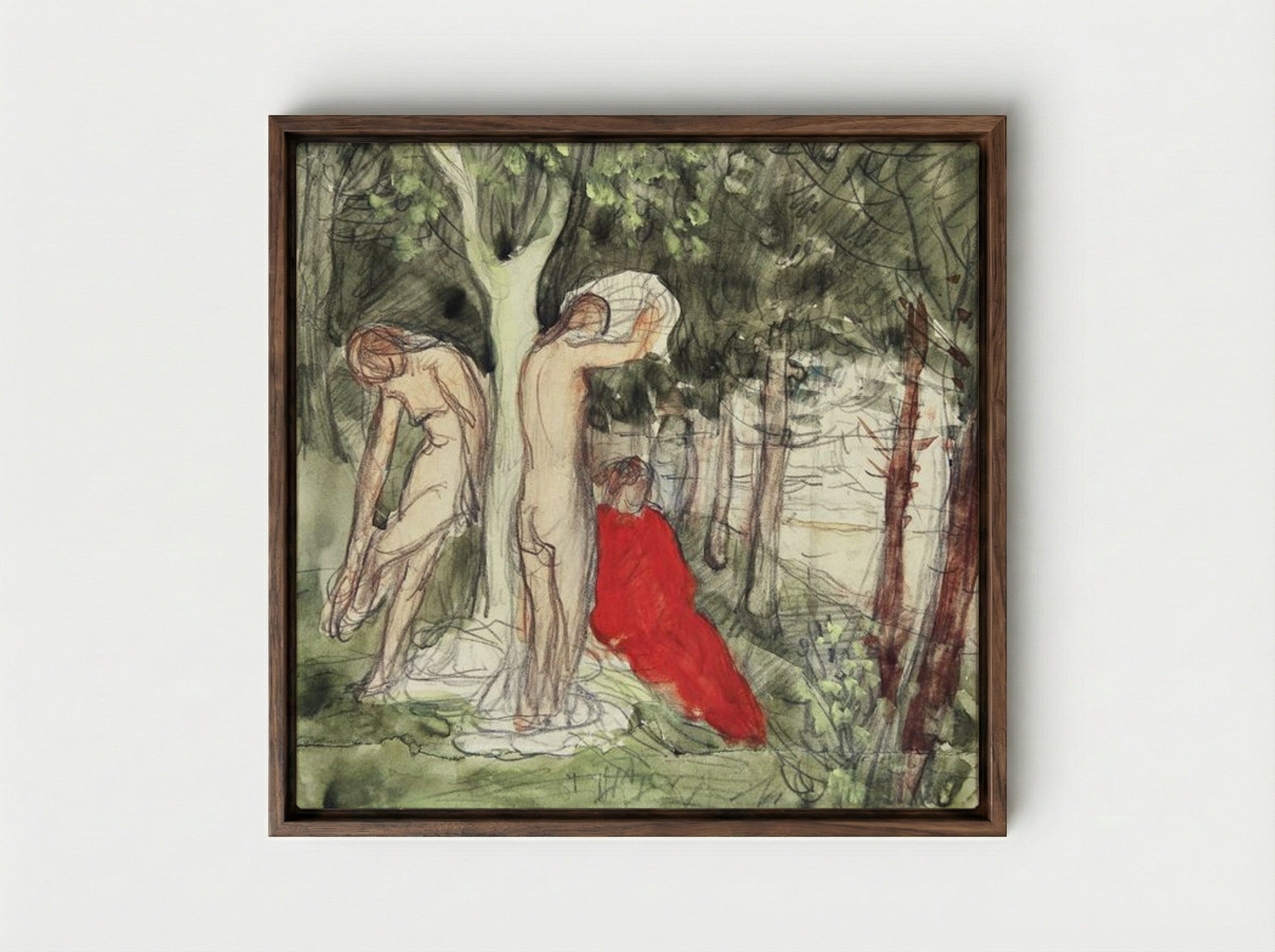 Bathers in a Forest Clearing - Pierre Puvis de Chavannes - Framed Canvas Dark Wood