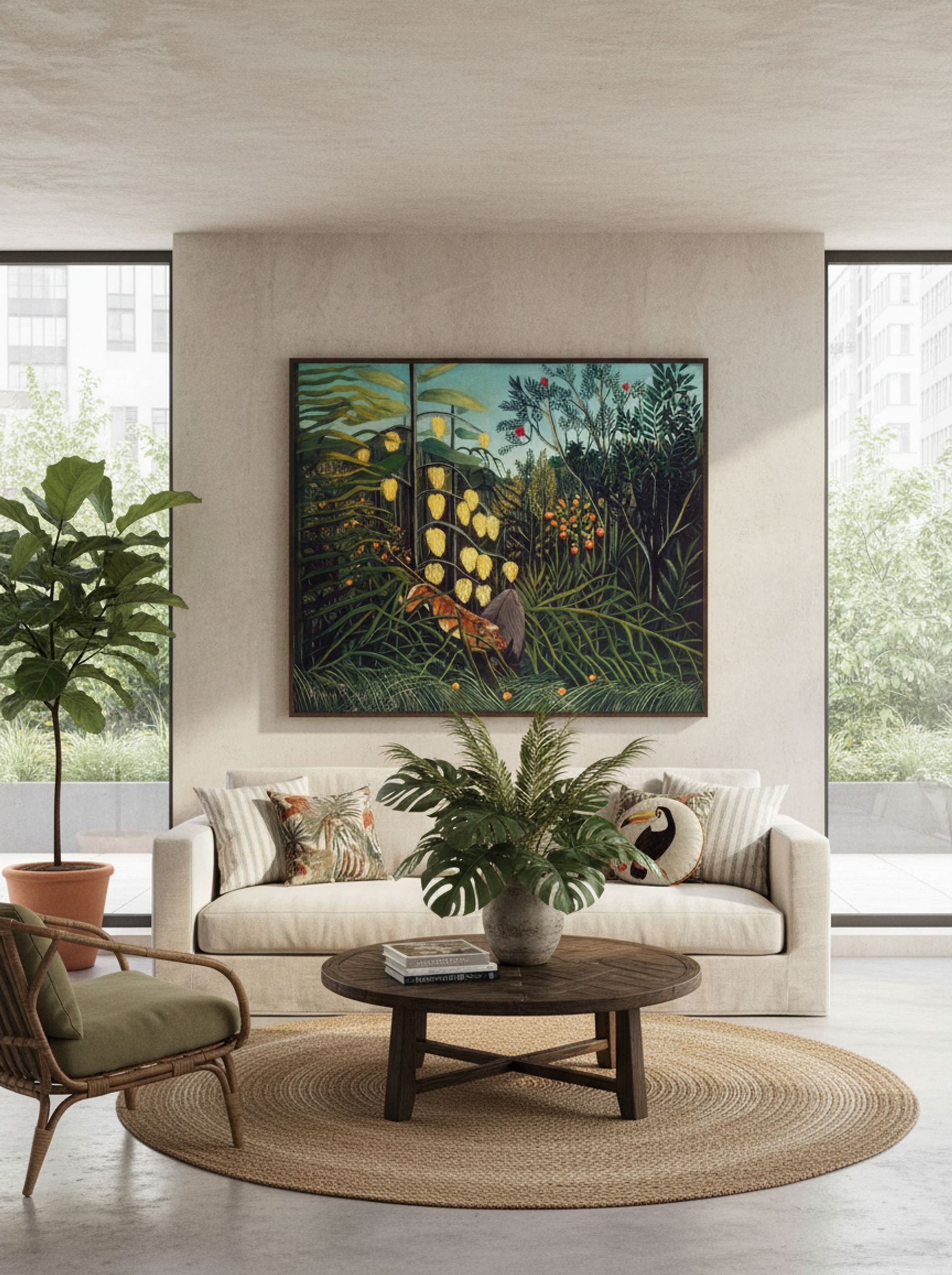 Tropical Forest with Battling Tiger and Buffalo by Henri Rousseau – Naïve Art Jungle Wildlife Print - Lifestyle