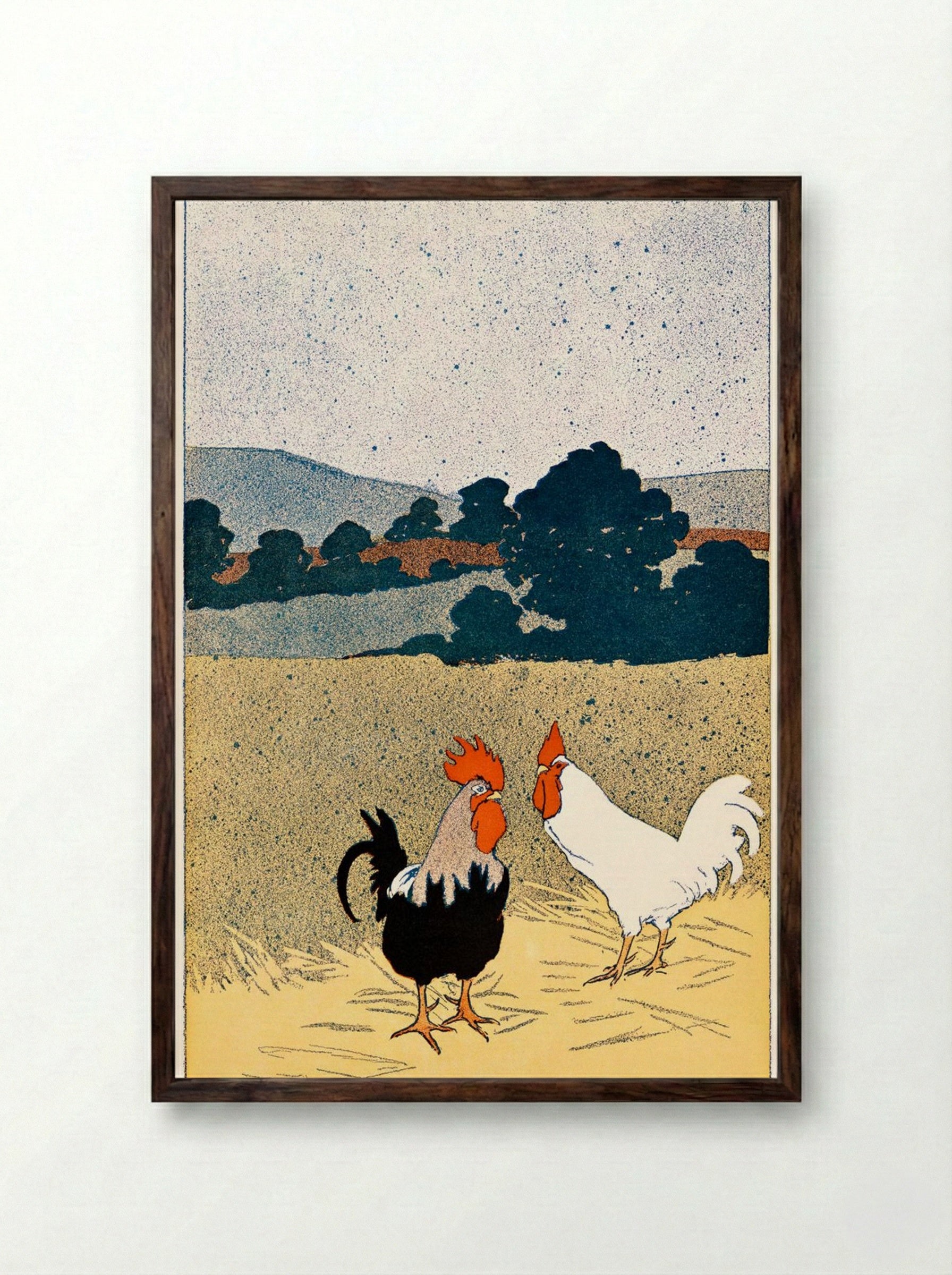 Two Roosters in a Field - Edward Penfield - Framed Print Dark Wood