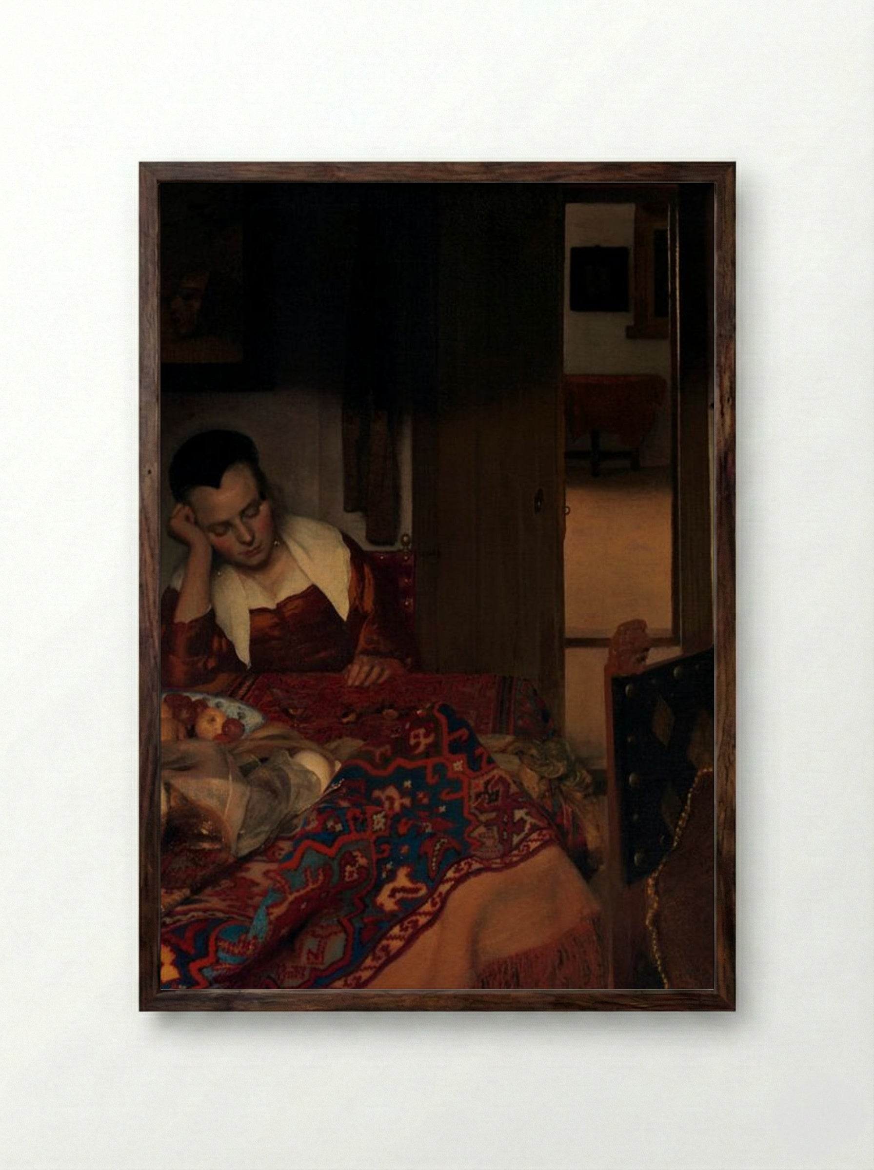 A Maid Asleep - Johannes Vermeer - Framed Print Dark Wood