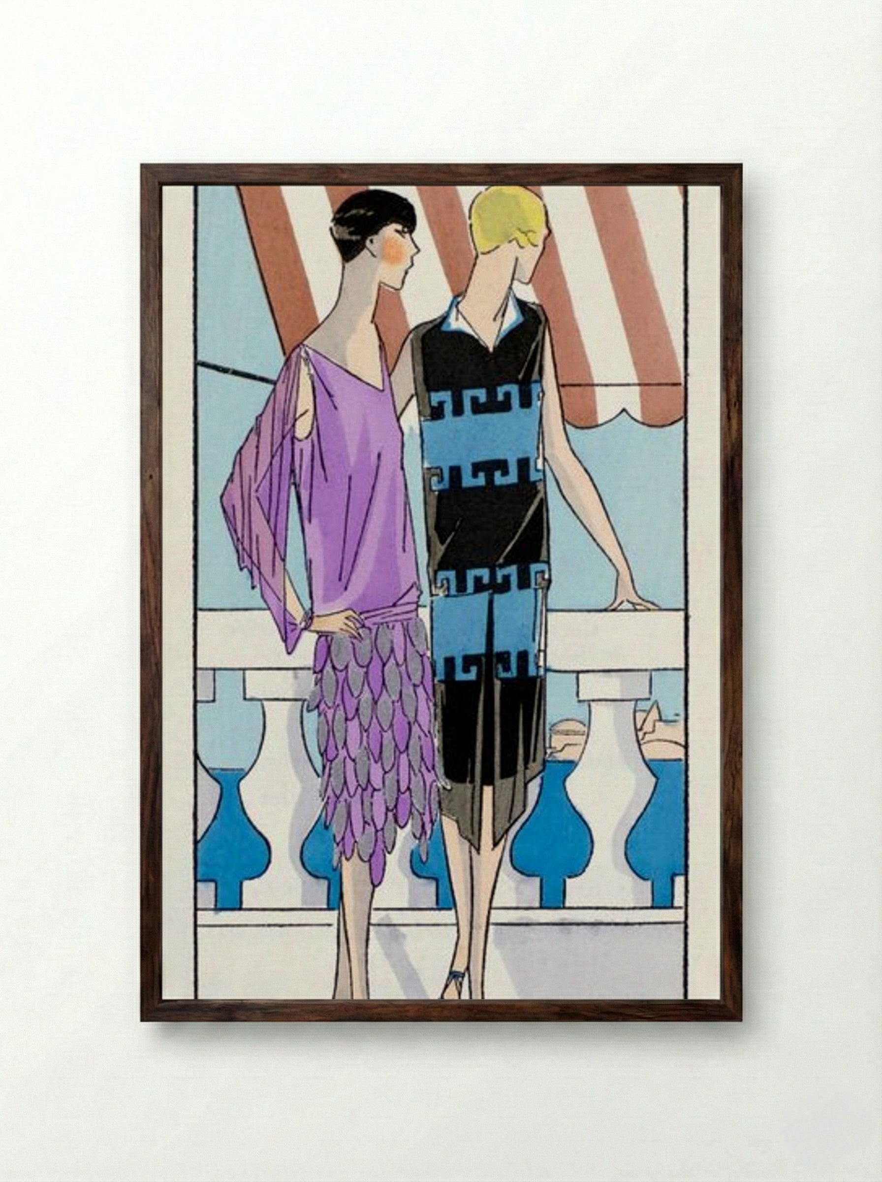 Two Women in Summer Dresses on a Terrace - Brandt and Philippe et Gaston - Framed Print Dark Wood