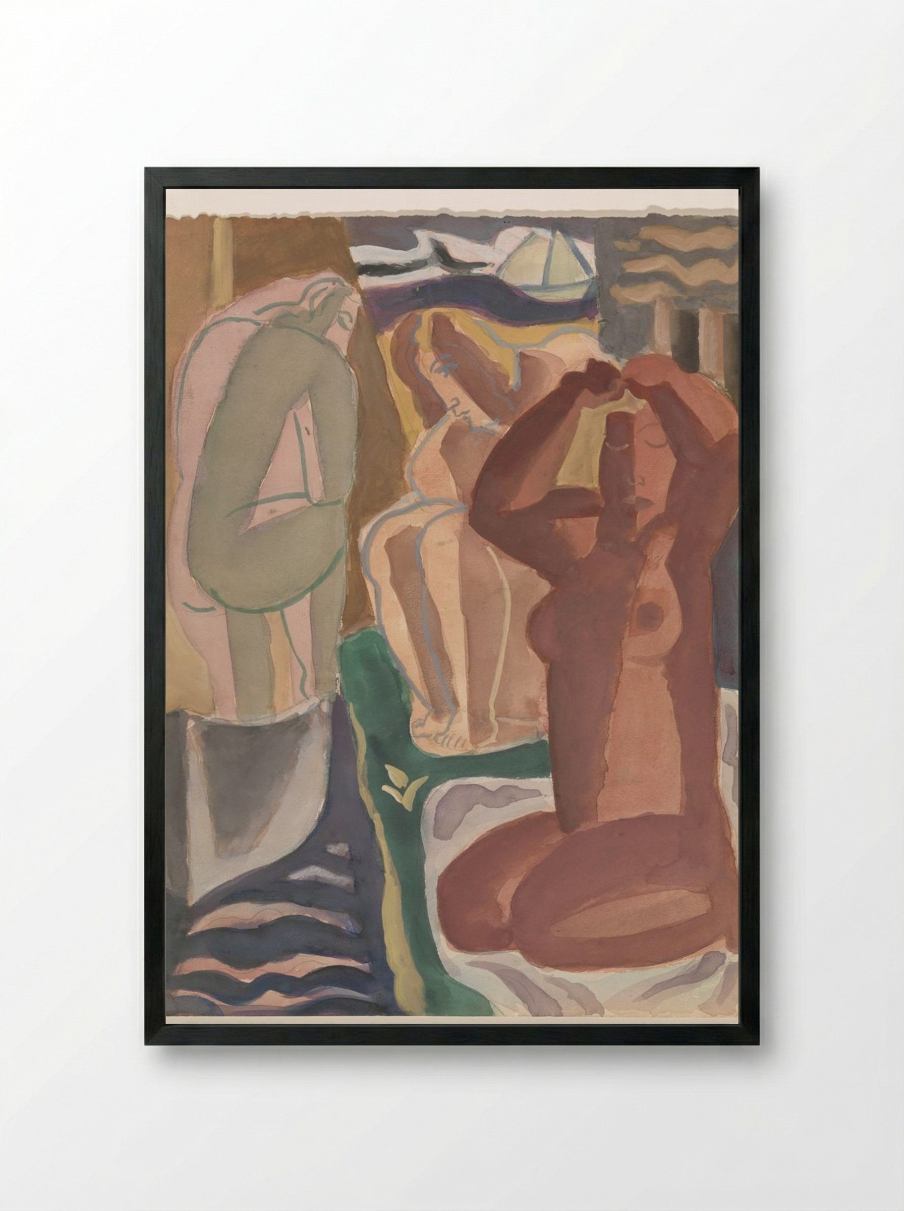 Two Bathing Women and a Figure from the Back - Leo Gestel - Framed Print Black