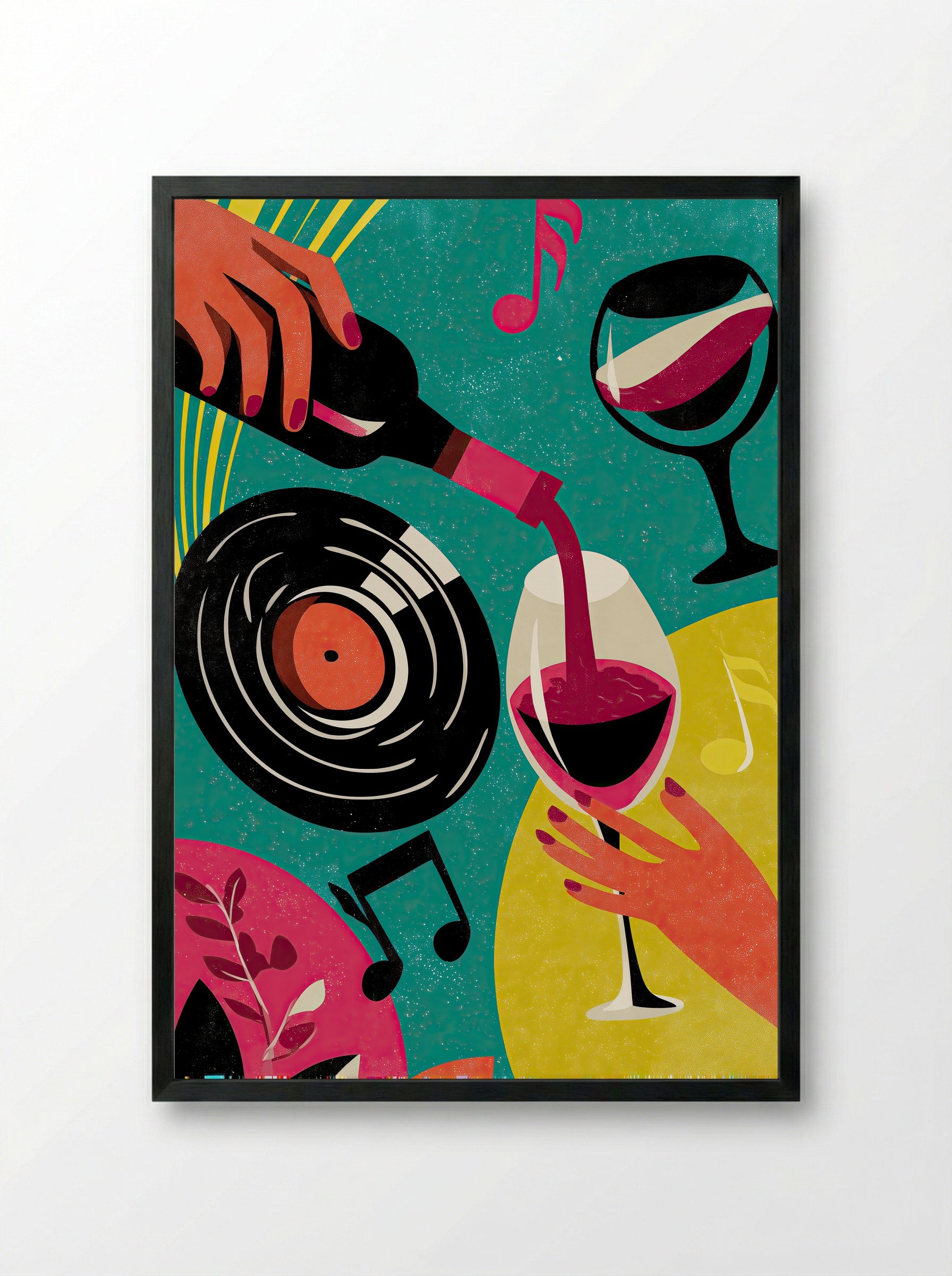 The Music and Wine Social Club – Retro Pop Art Print - Framed Print Black